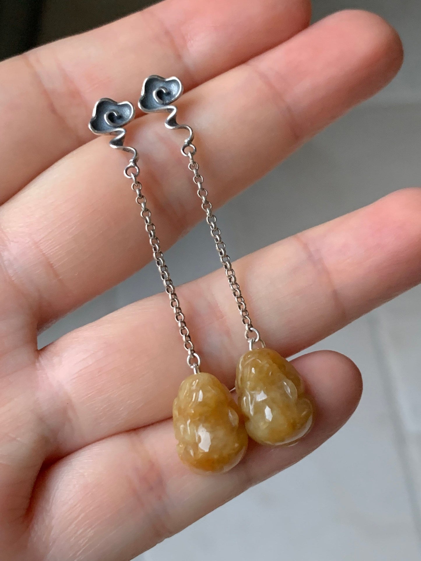 Natural Burmese Icy translucent Dark Yellow Jadeite Pixiu Dangle Earrings S925 Silver 天然缅甸冰黄翡翠貔貅银镶耳钩