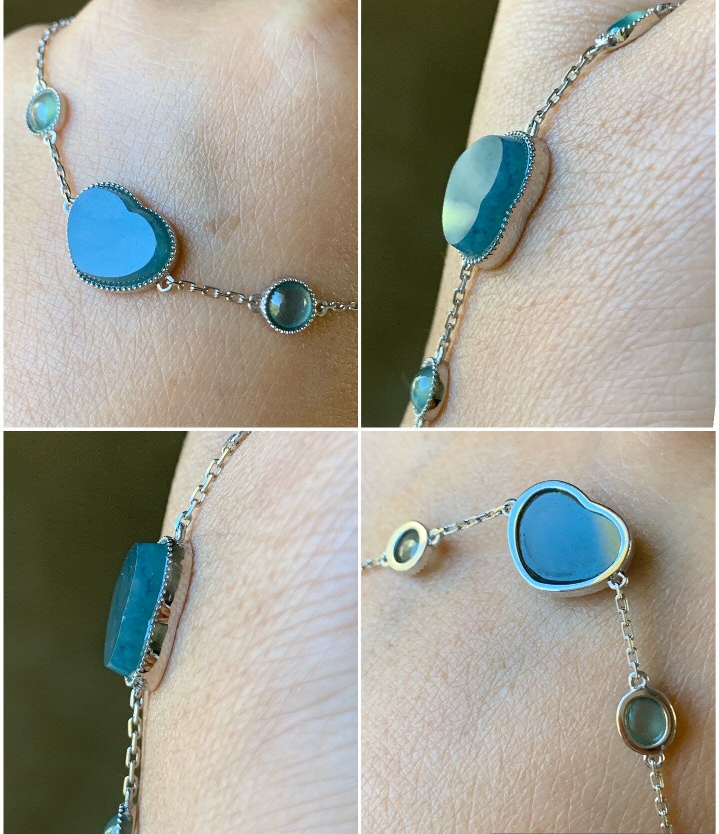 Certified Natural Burmese Icy Translucent Teal Blue Jadeite Heart Bracelet 18K White Gold 5.75"-6.25” 天然缅甸湖水蓝翡翠爱心切割面白金手链