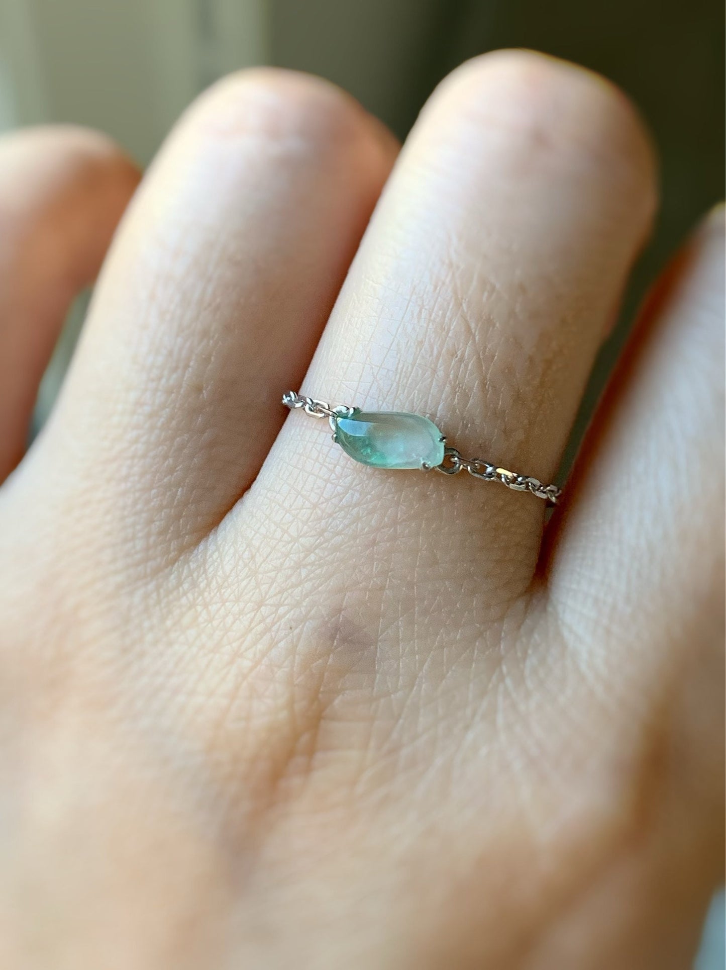 Certified Natural Burmese Highly Translucent Green Marbling Jadeite "Horse Eye" Chain Ring 18K White Gold Adjustable 天然缅甸正高冰翡翠飘绿花马眼镶嵌戒指