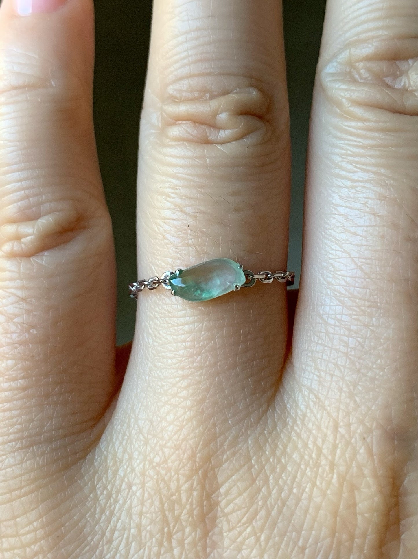 Certified Natural Burmese Highly Translucent Green Marbling Jadeite "Horse Eye" Chain Ring 18K White Gold Adjustable 天然缅甸正高冰翡翠飘绿花马眼镶嵌戒指