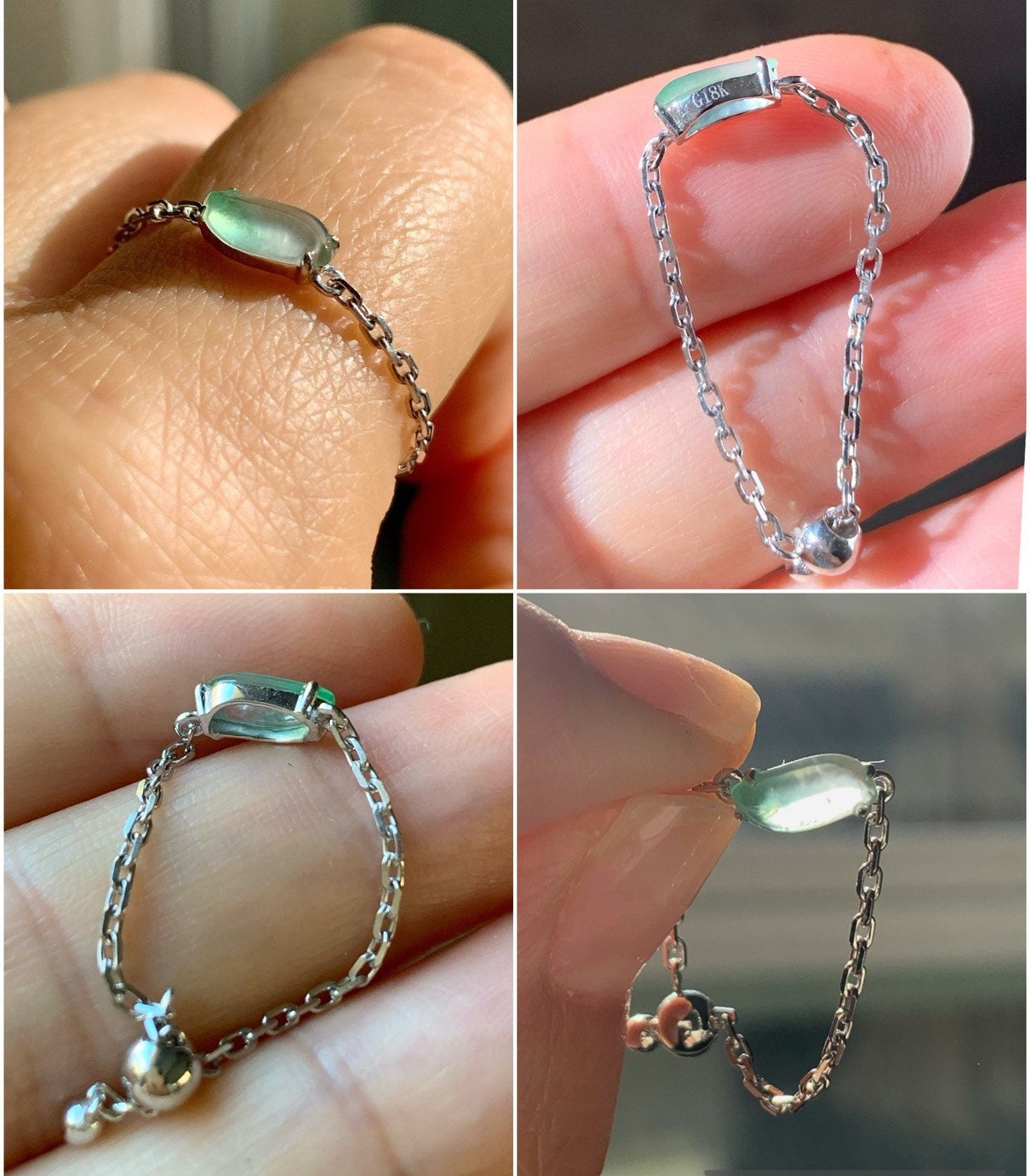 Certified Natural Burmese Highly Translucent Green Marbling Jadeite "Horse Eye" Chain Ring 18K White Gold Adjustable 天然缅甸正高冰翡翠飘绿花马眼镶嵌戒指