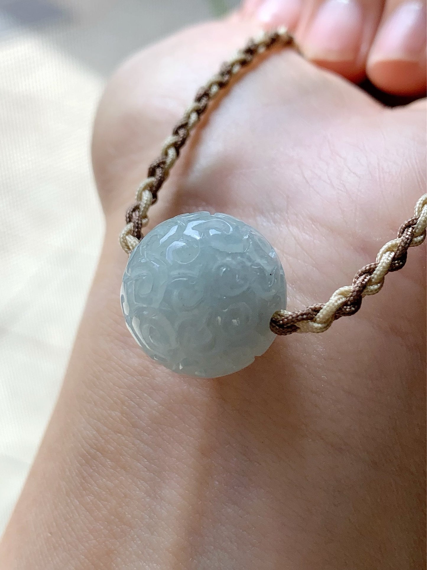 Huge Natural Burmese Icy Translucent Sky Blue Jadeite Retro Engraved Single Sphere Bead Rope Necklace Adjustable 17"-18.25" 天然缅甸天空蓝翡翠仿古雕单珠项链