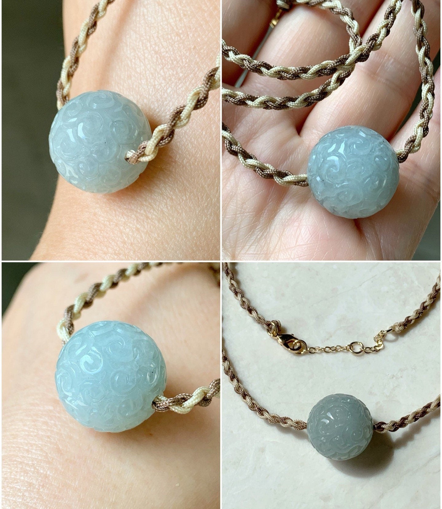 Huge Natural Burmese Icy Translucent Sky Blue Jadeite Retro Engraved Single Sphere Bead Rope Necklace Adjustable 17"-18.25" 天然缅甸天空蓝翡翠仿古雕单珠项链