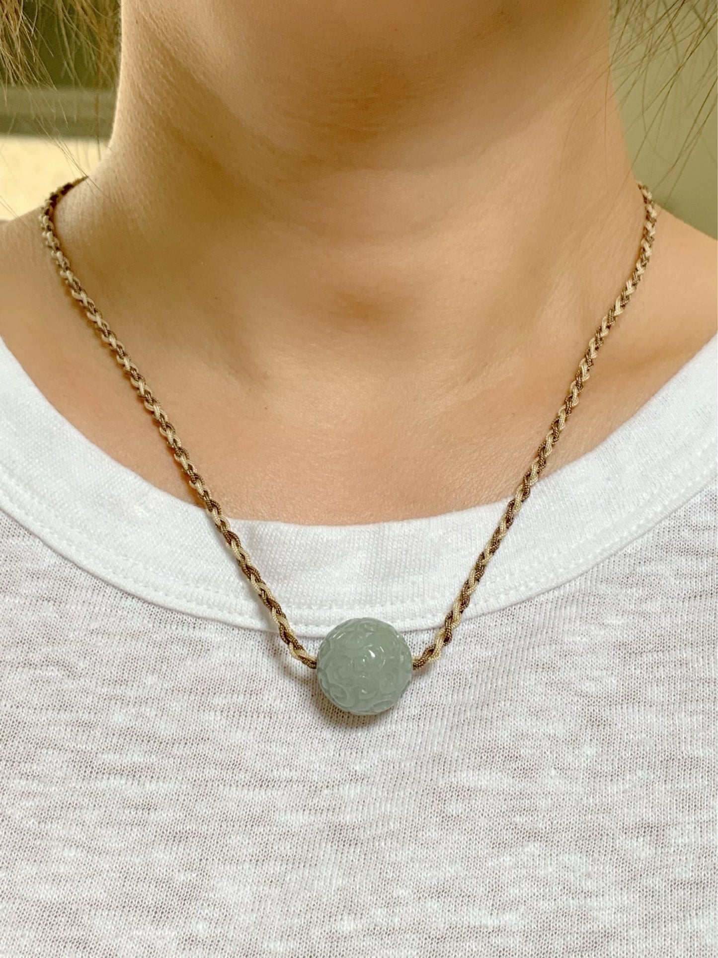 Huge Natural Burmese Icy Translucent Sky Blue Jadeite Retro Engraved Single Sphere Bead Rope Necklace Adjustable 17"-18.25" 天然缅甸天空蓝翡翠仿古雕单珠项链
