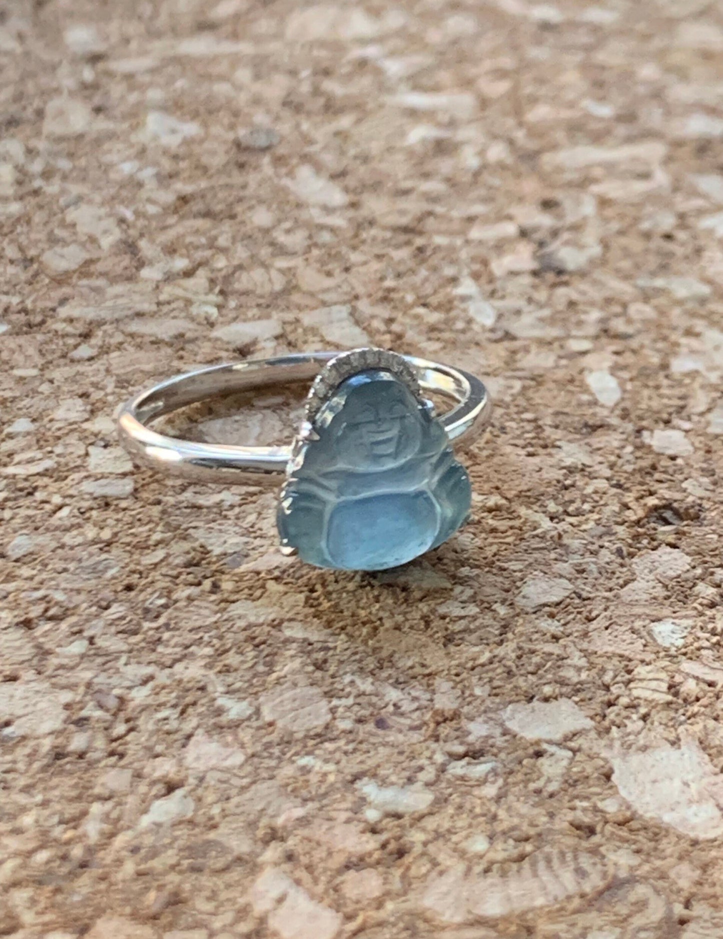 Certified Natural Guatemalan Highly Translucent Blue Jadeite Buddha & Diamond Ring 18K White Gold Size 7 天然高冰危蓝水翡翠佛公钻石镶嵌戒指
