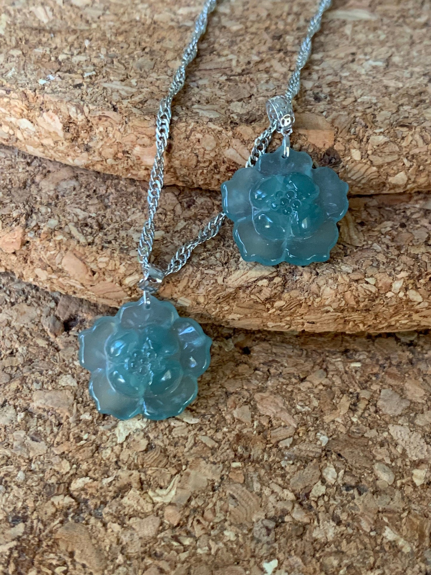 Natural Guatemalan Premium Highly Translucent Icy Blue Jadeite Carved Lotus Flower Pendant 18K White Gold 天然冰危蓝翡翠莲花镶嵌吊坠