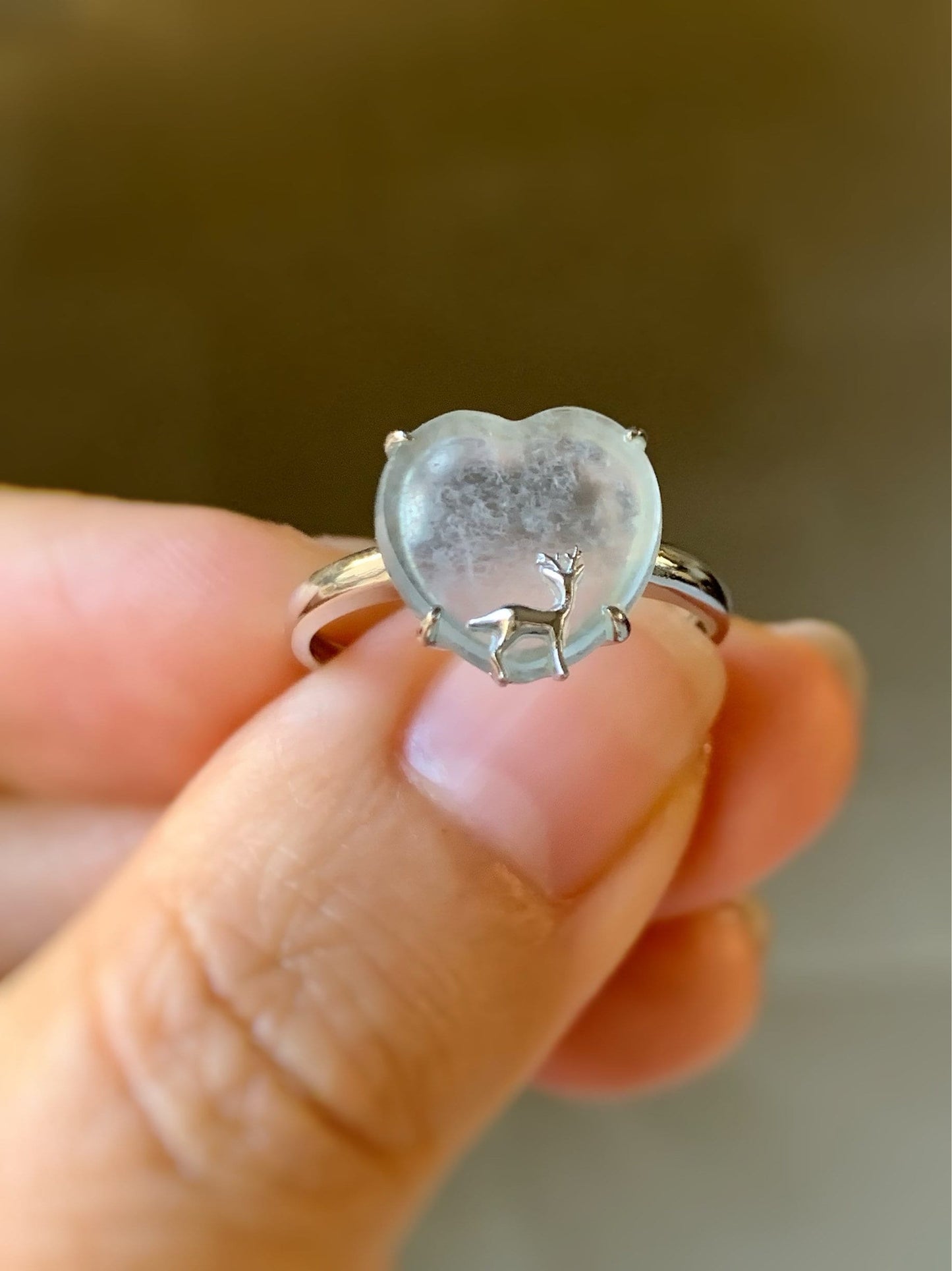 Certified Natural Burmese Premium Transparent Glassy Jadeite Heart Ring 18K White Gold Sz 7 天然缅甸玻璃种起钢翡翠爱心小鹿镶嵌戒指