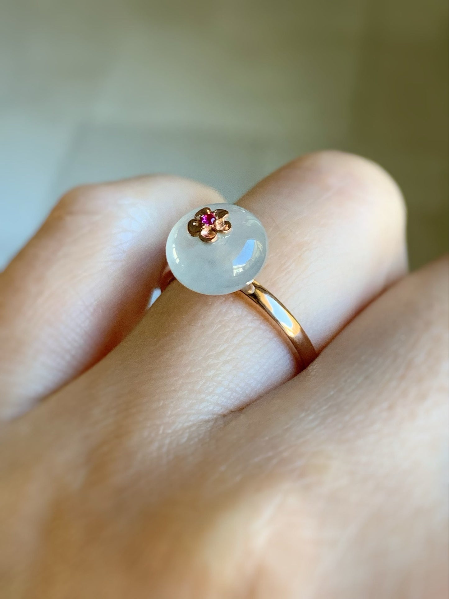 Certified Burmese Icy Highly Translucent Gelatinous Icy Jadeite Ping An Kou Ring 18K Rose Gold with Ruby Sz 7 天然缅甸正冰平安扣翡翠红宝石K玫镶嵌戒指