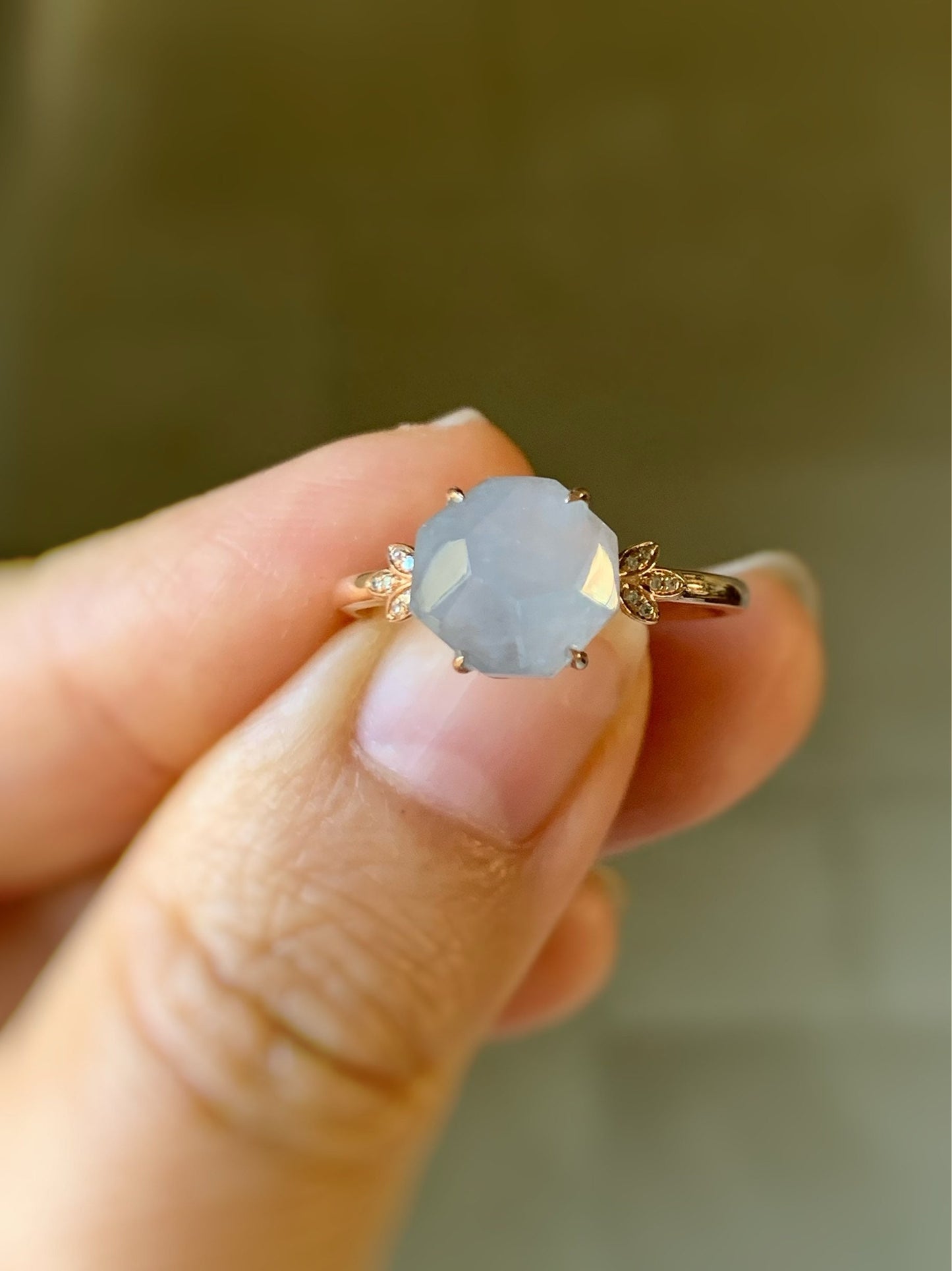 Certified Burmese Icy Translucent Purple Faceted Jadeite Solitaire Ring 18K Rose Gold & Diamond Ring Sz 7 天然缅甸冰紫翡翠切割面镶嵌钻石戒指