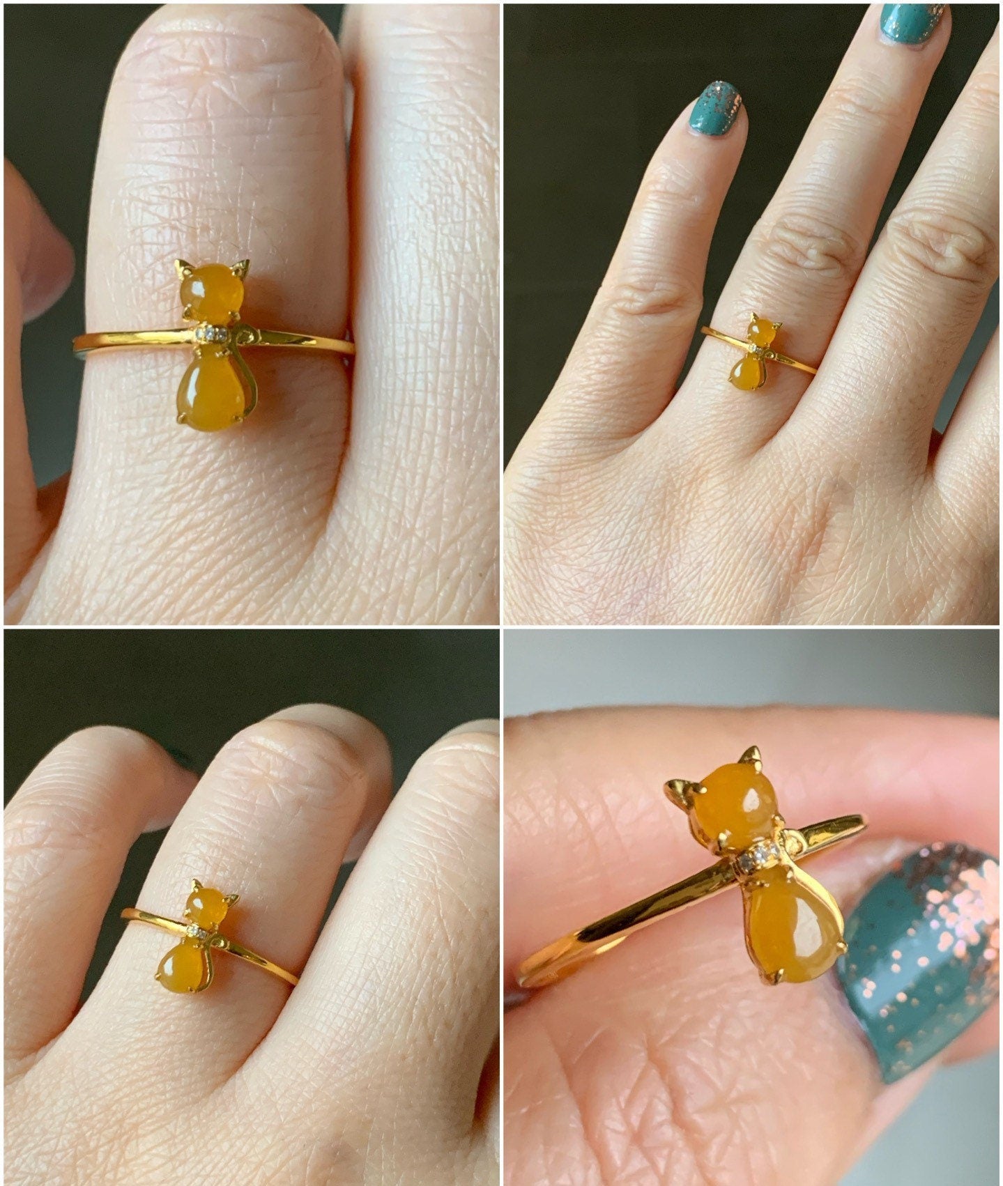 Certified Natural Burmese Premium Icy Yellow or Green Jadeite Kitty Cat Ring 18K Yellow or White Gold & Diamonds size 7 天然缅甸冰黄冰绿翡翠猫咪镶嵌戒指