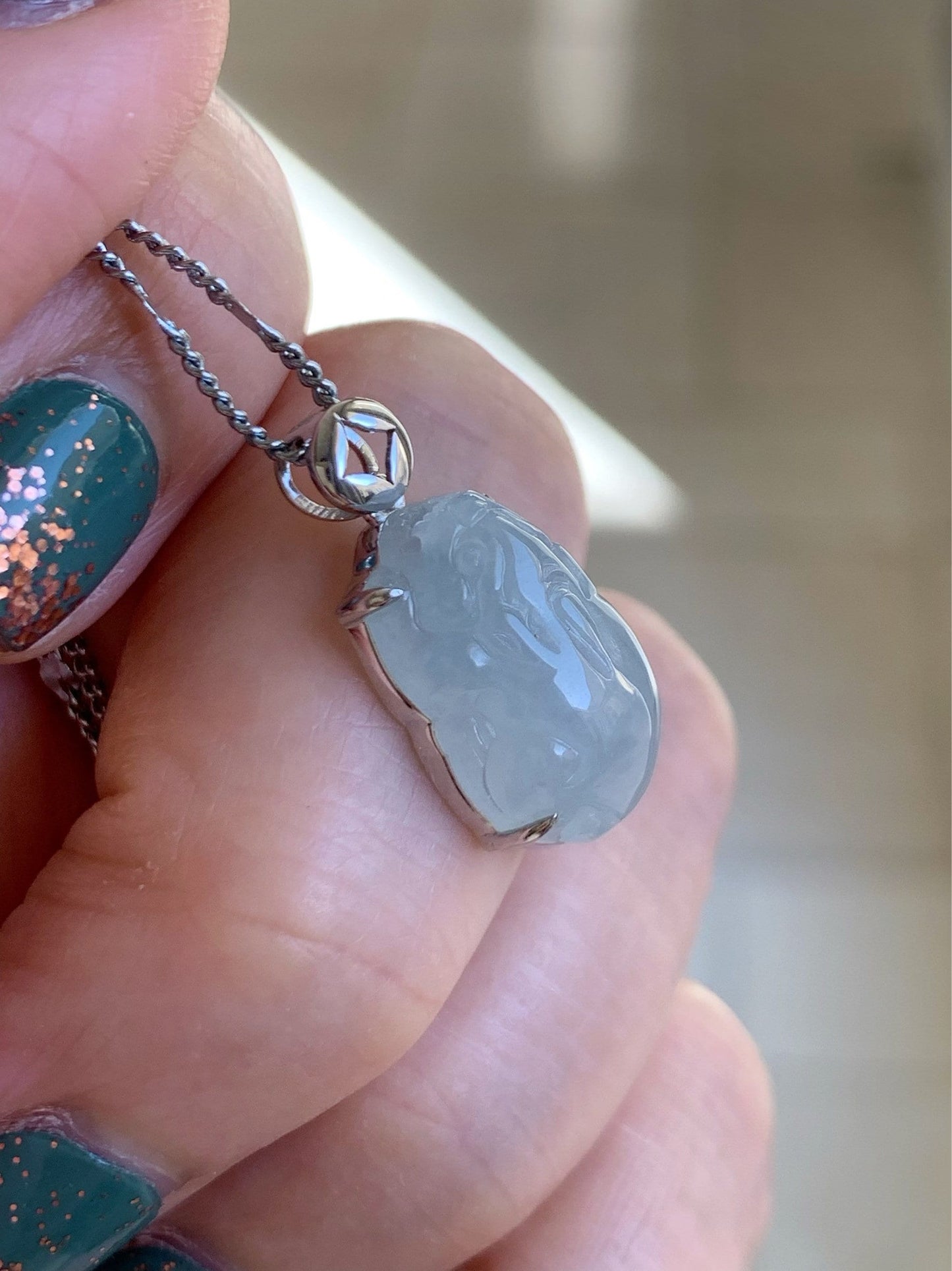 Certified Natural Burmese Icy Translucent & Gelatinous Sky Blue Jadeite Carved Pixiu Custom Pendant 18K White Gold 天然缅甸冰天空蓝翡翠貔貅镶嵌吊坠