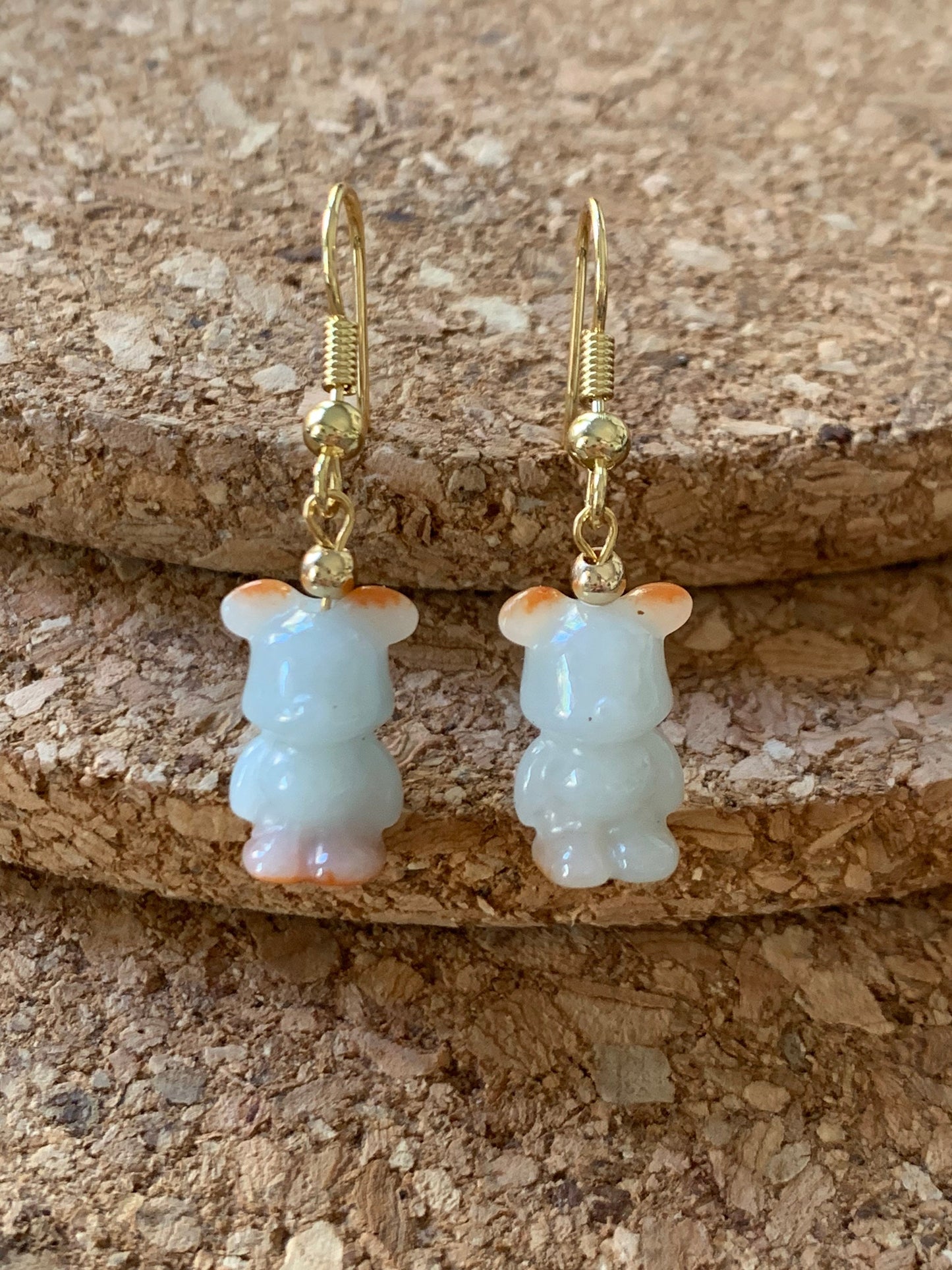 Natural Burmese Icy Jadeite Carved Teddy Bear Dangle Earrings 14K Yellow Gold Plated 天然缅甸翡翠小熊14K包金耳吊