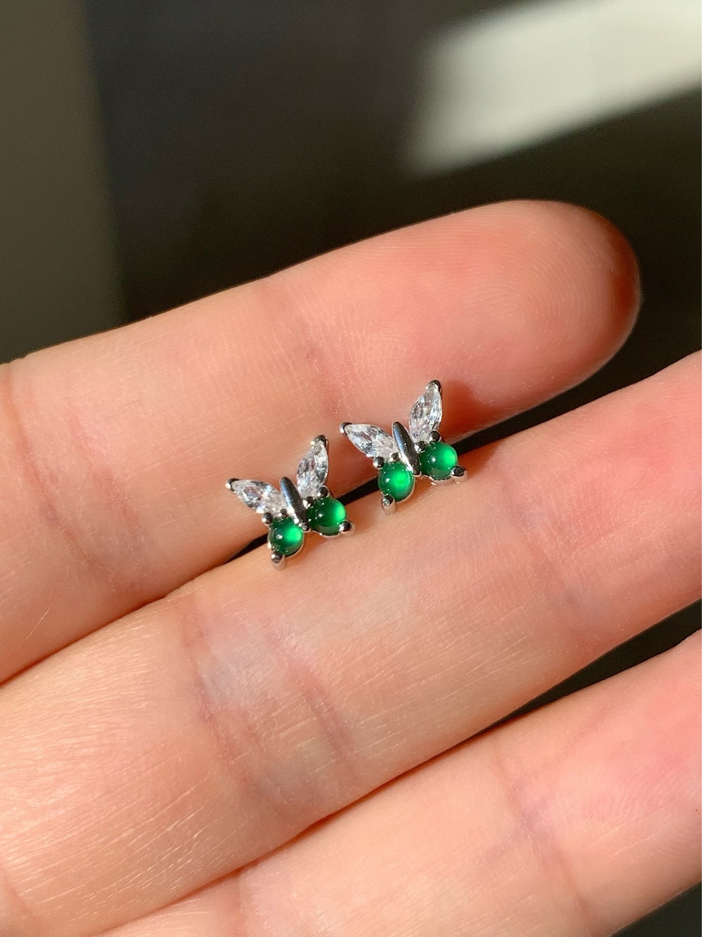 Natural Guatemalan Icy Highly Translucent Vibrant Green Jadeite Butterfly Design Ring or Stud Earrings S925 Silver 天然老种高危阳绿翡翠蝴蝶银镶 WHD100