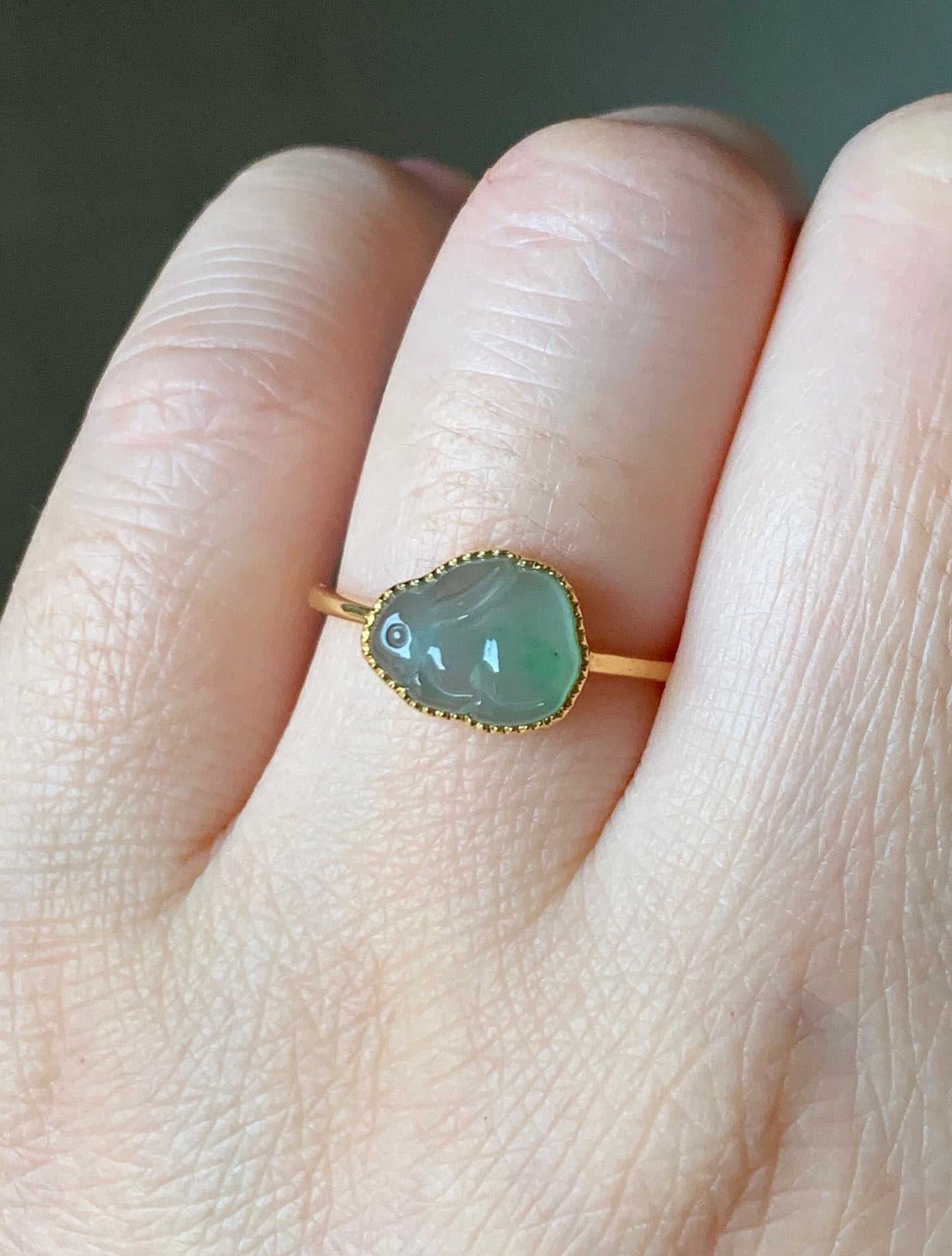 Certified Natural Guatemalan Icy Highly Translucent Gelatinous Light Green Marbled Jadeite Rabbit Ring 18K Yellow Gold Sz 7 天然冰危晴底飘花翡翠小兔镶嵌戒指