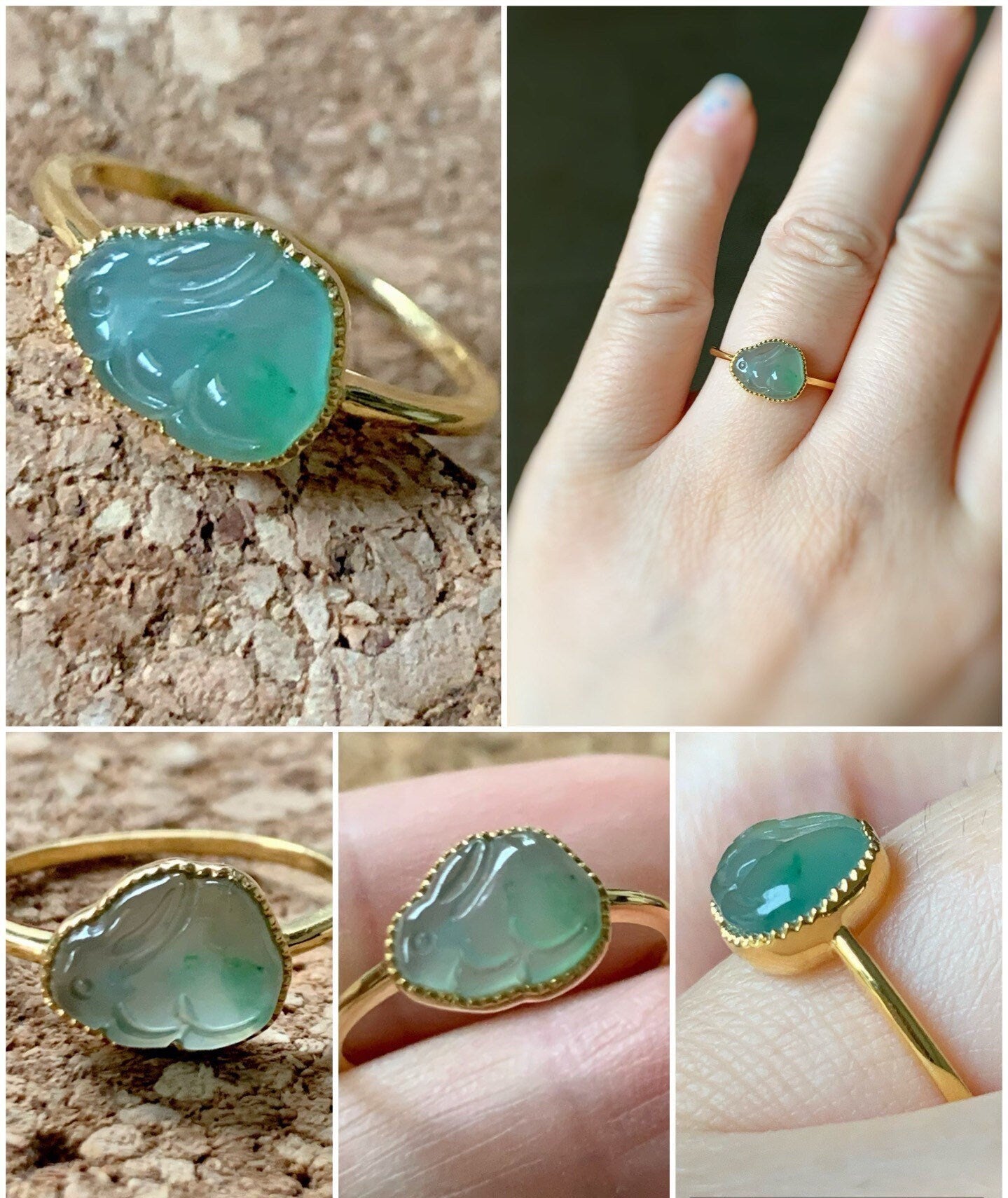 Certified Natural Guatemalan Icy Highly Translucent Gelatinous Light Green Marbled Jadeite Rabbit Ring 18K Yellow Gold Sz 7 天然冰危晴底飘花翡翠小兔镶嵌戒指