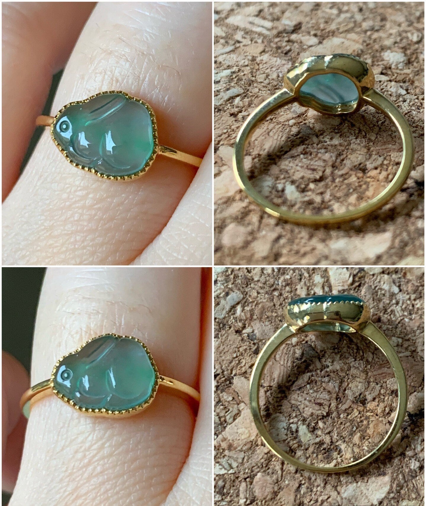 Certified Natural Guatemalan Icy Highly Translucent Gelatinous Light Green Marbled Jadeite Rabbit Ring 18K Yellow Gold Sz 7 天然冰危晴底飘花翡翠小兔镶嵌戒指