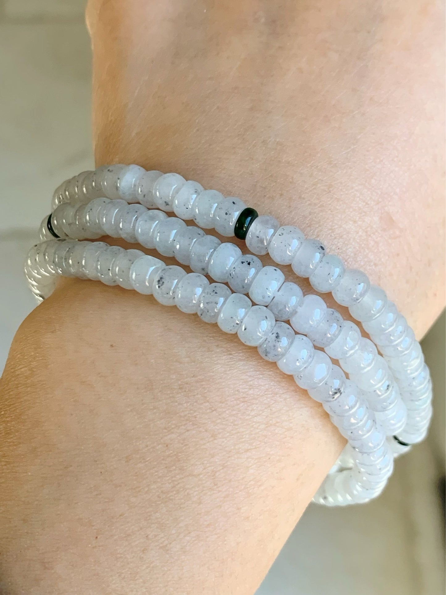 Natural Burmese Grade A Highly Translucent Gelatinous White Wuji Jadeite Flat Bead Beaded Necklace 24” 天然缅甸冰胶乌鸡翡翠算盘珠长链