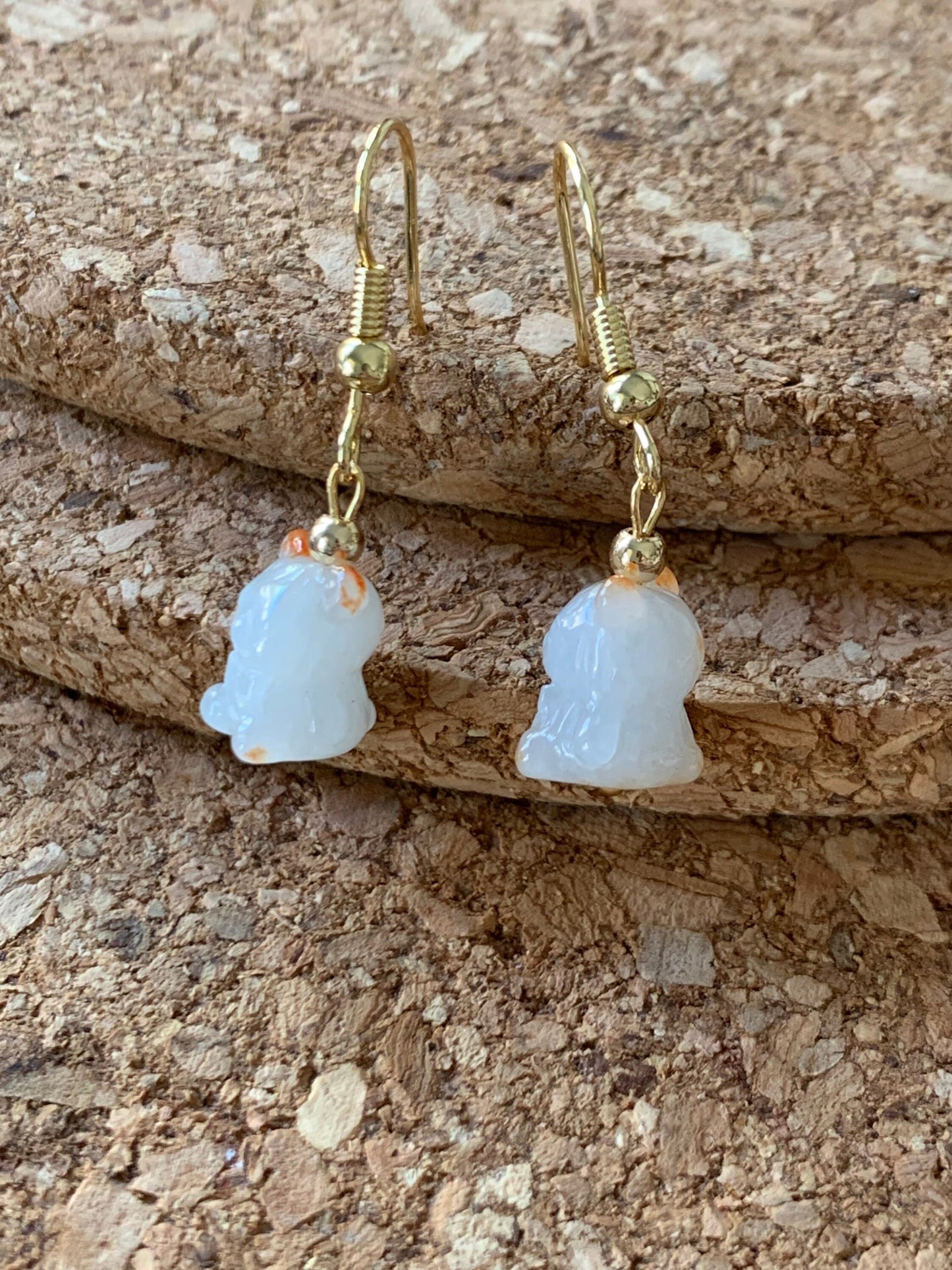 Natural Burmese Icy Jadeite Carved Teddy Bear Dangle Earrings 14K YG or Silver Plated 天然缅甸翡翠小熊14K包金耳吊