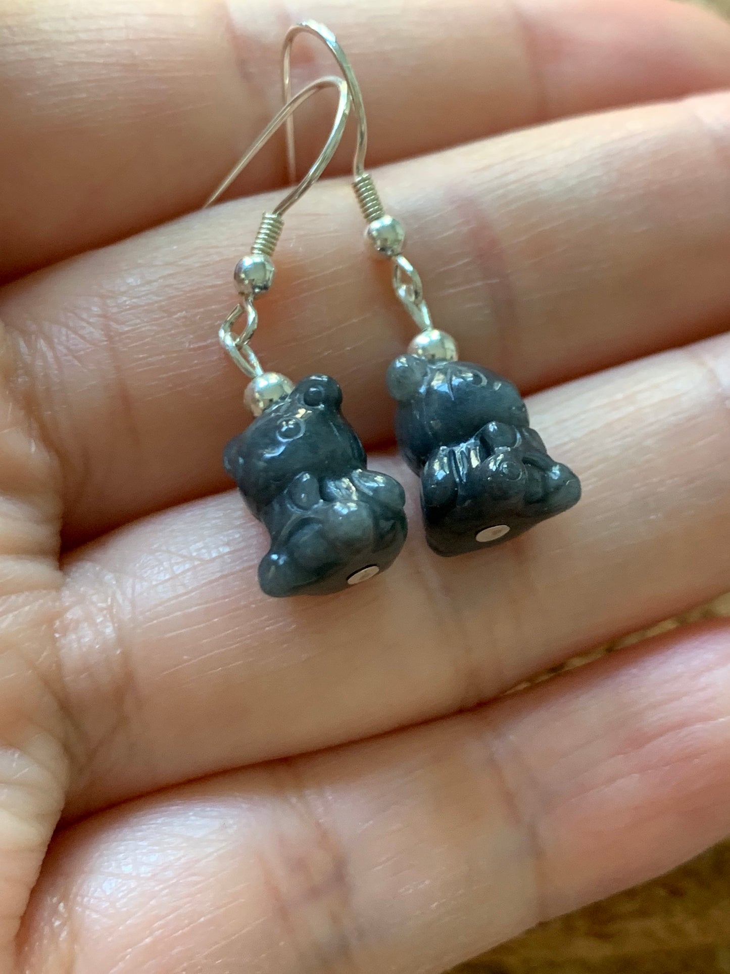 Natural Burmese Icy Jadeite Carved Teddy Bear Dangle Earrings 14K YG or Silver Plated 天然缅甸翡翠小熊14K包金耳吊