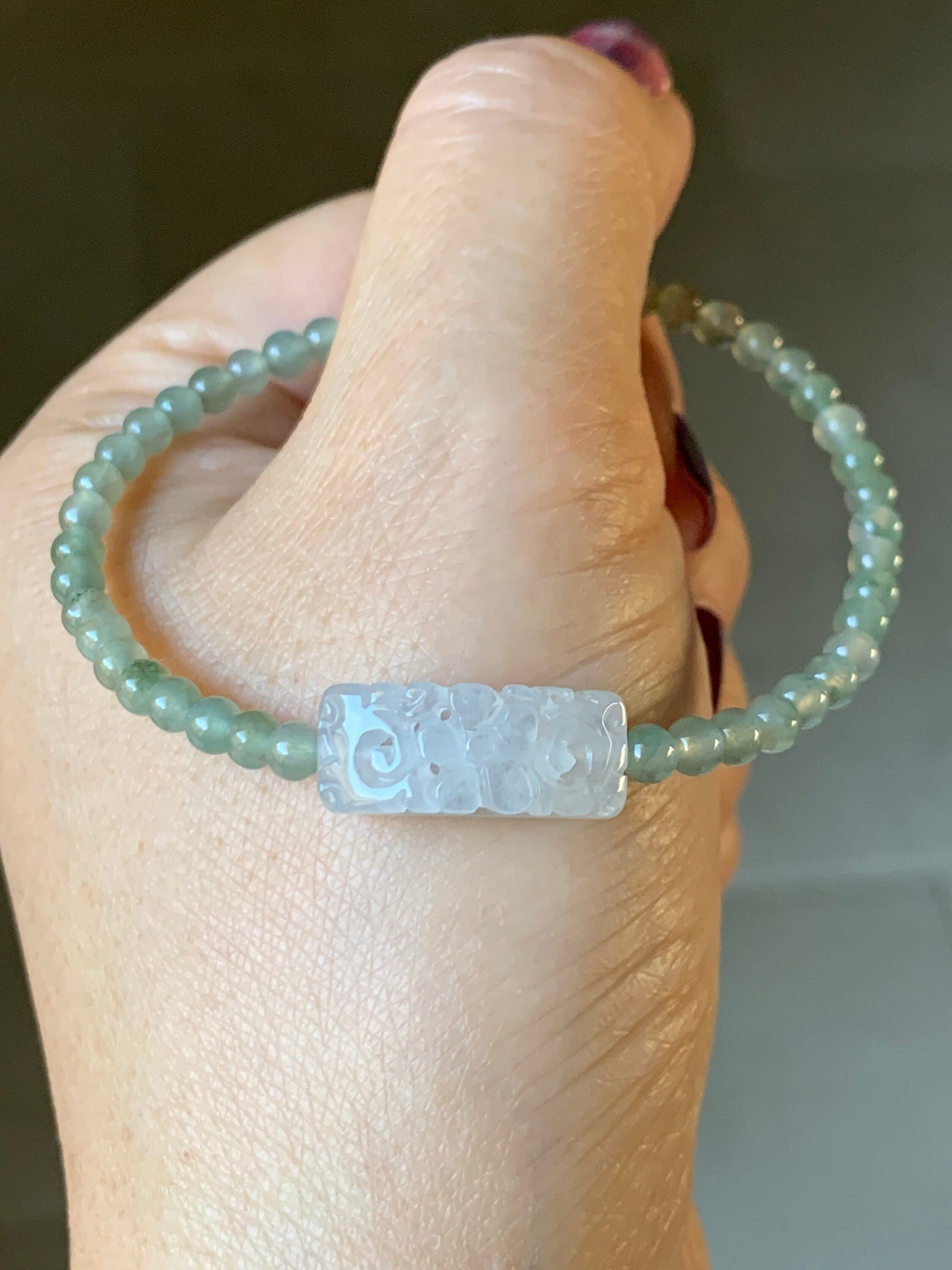 Natural Burmese Grade A Premium Icy Green Jadeite Openwork Engraving Icy White Bead Beaded Bracelet 7" 天然缅甸冰胶晴底翡翠起光白冰仿古镂空雕手牌手串