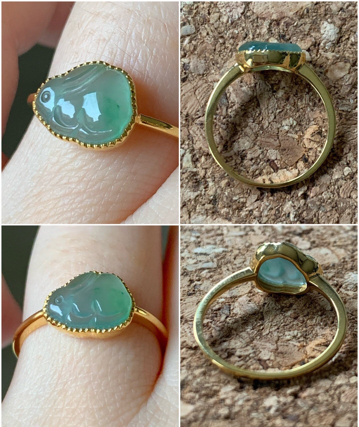 Certified Natural Guatemalan Icy Highly Translucent Gelatinous Light Green Marbled Jadeite Rabbit Ring 18K Yellow Gold Sz 7 天然冰危晴底飘花翡翠小兔镶嵌戒指