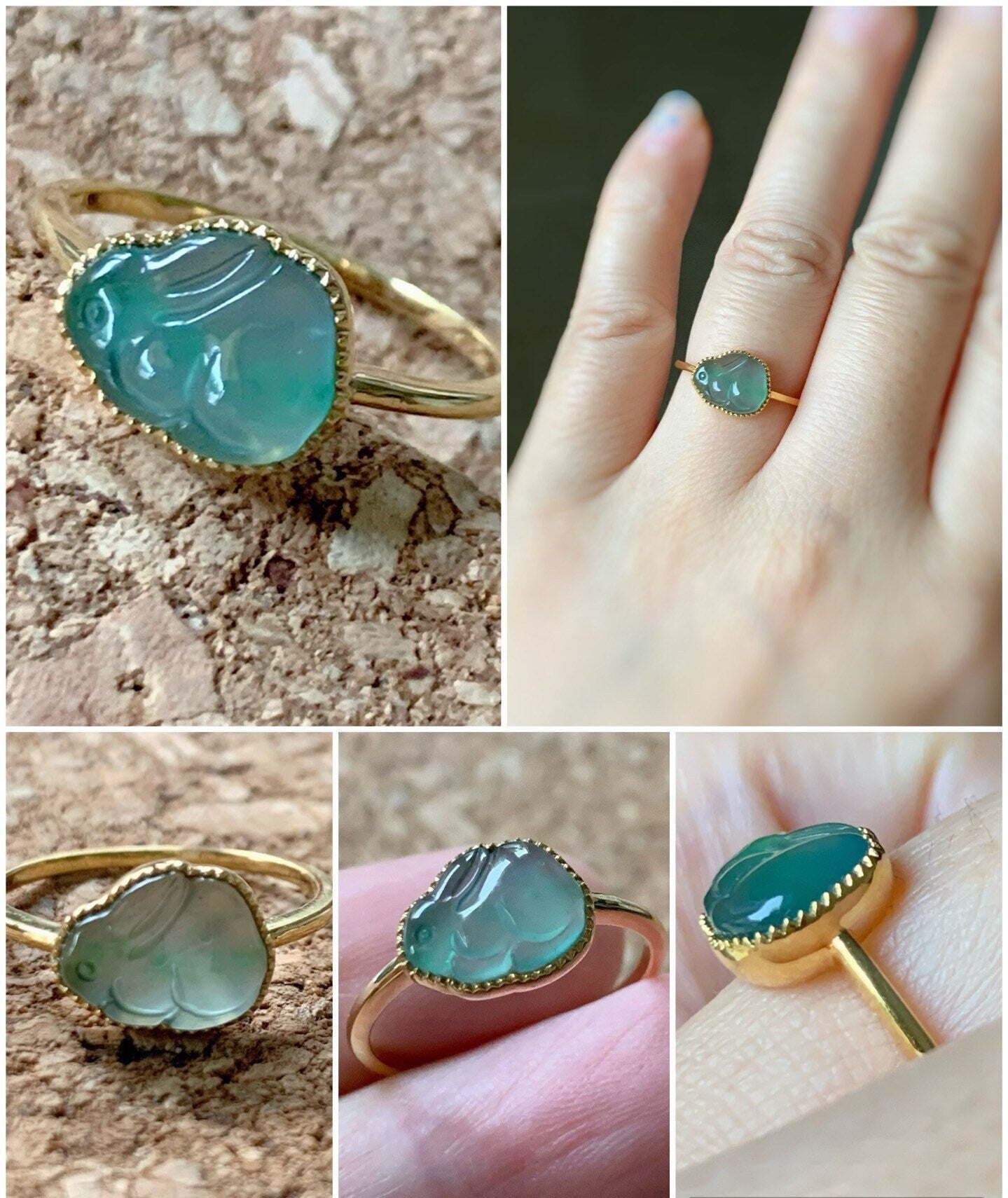 Certified Natural Guatemalan Icy Highly Translucent Gelatinous Light Green Marbled Jadeite Rabbit Ring 18K Yellow Gold Sz 7 天然冰危晴底飘花翡翠小兔镶嵌戒指