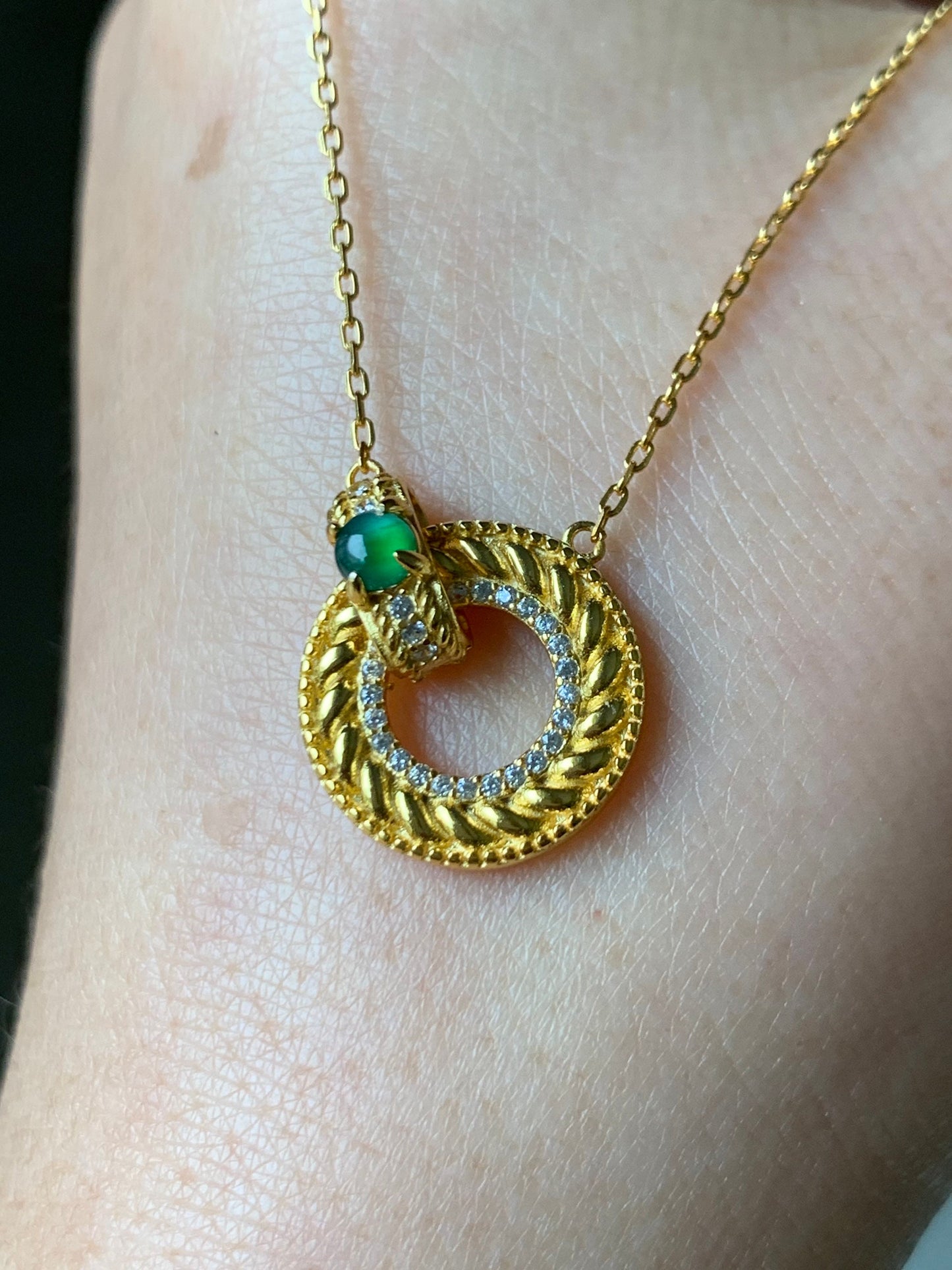 Natural Guatemalan Premium Vibrant Green Jadeite Ping An Kou Pendant and Chain S925 Silver w/ Yellow Gold Finish 天然高冰危绿翡翠银镶平安扣吊坠套链