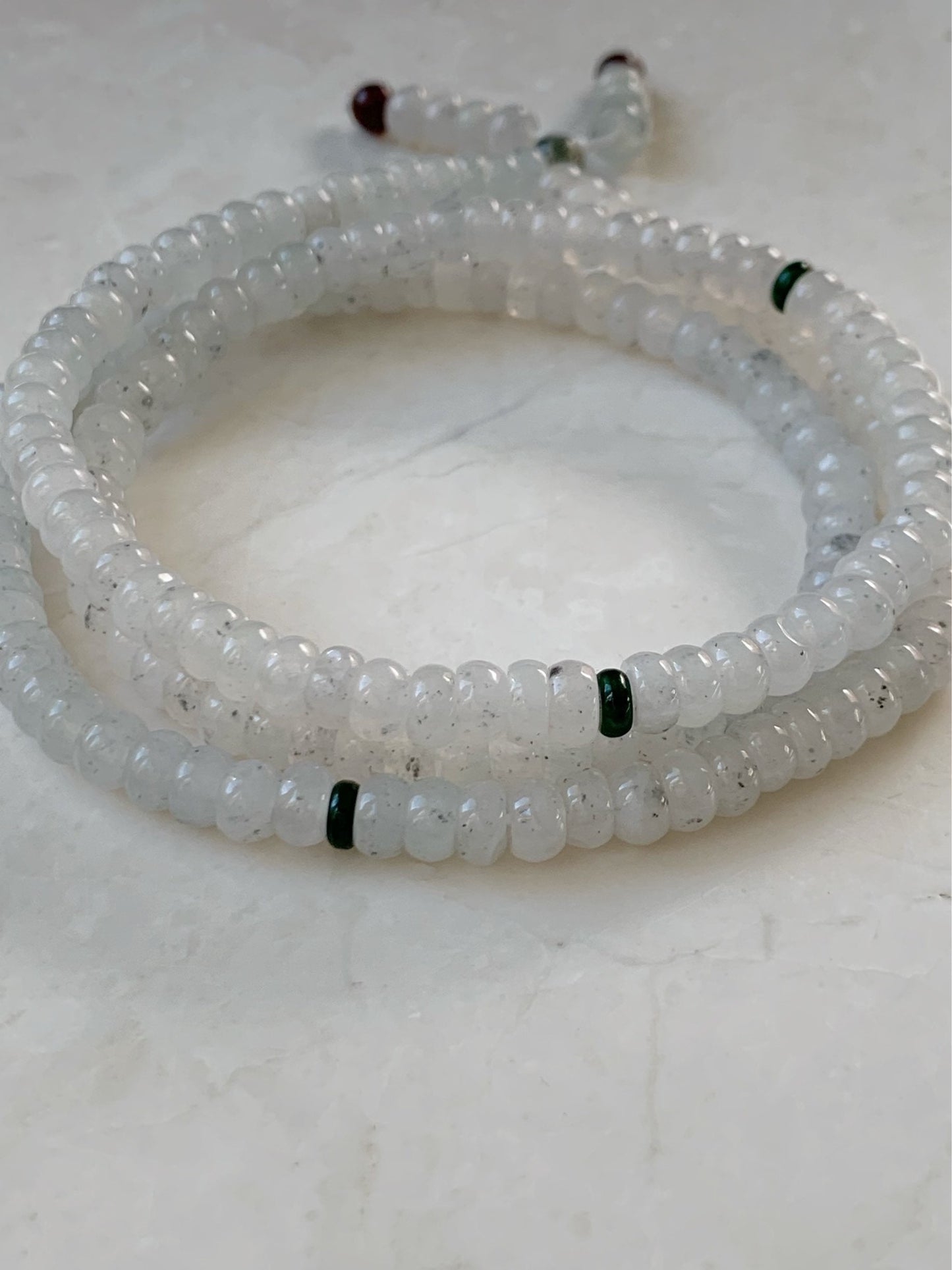 Natural Burmese Grade A Highly Translucent Gelatinous White Wuji Jadeite Flat Bead Beaded Necklace 24” 天然缅甸冰胶乌鸡翡翠算盘珠长链