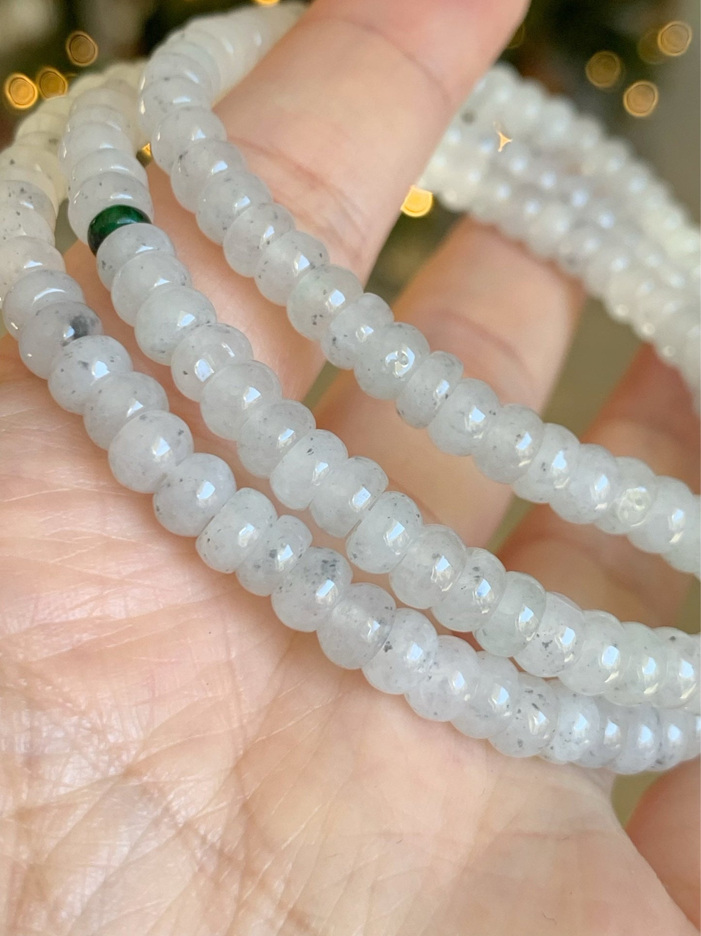 Natural Burmese Grade A Highly Translucent Gelatinous White Wuji Jadeite Flat Bead Beaded Necklace 24” 天然缅甸冰胶乌鸡翡翠算盘珠长链