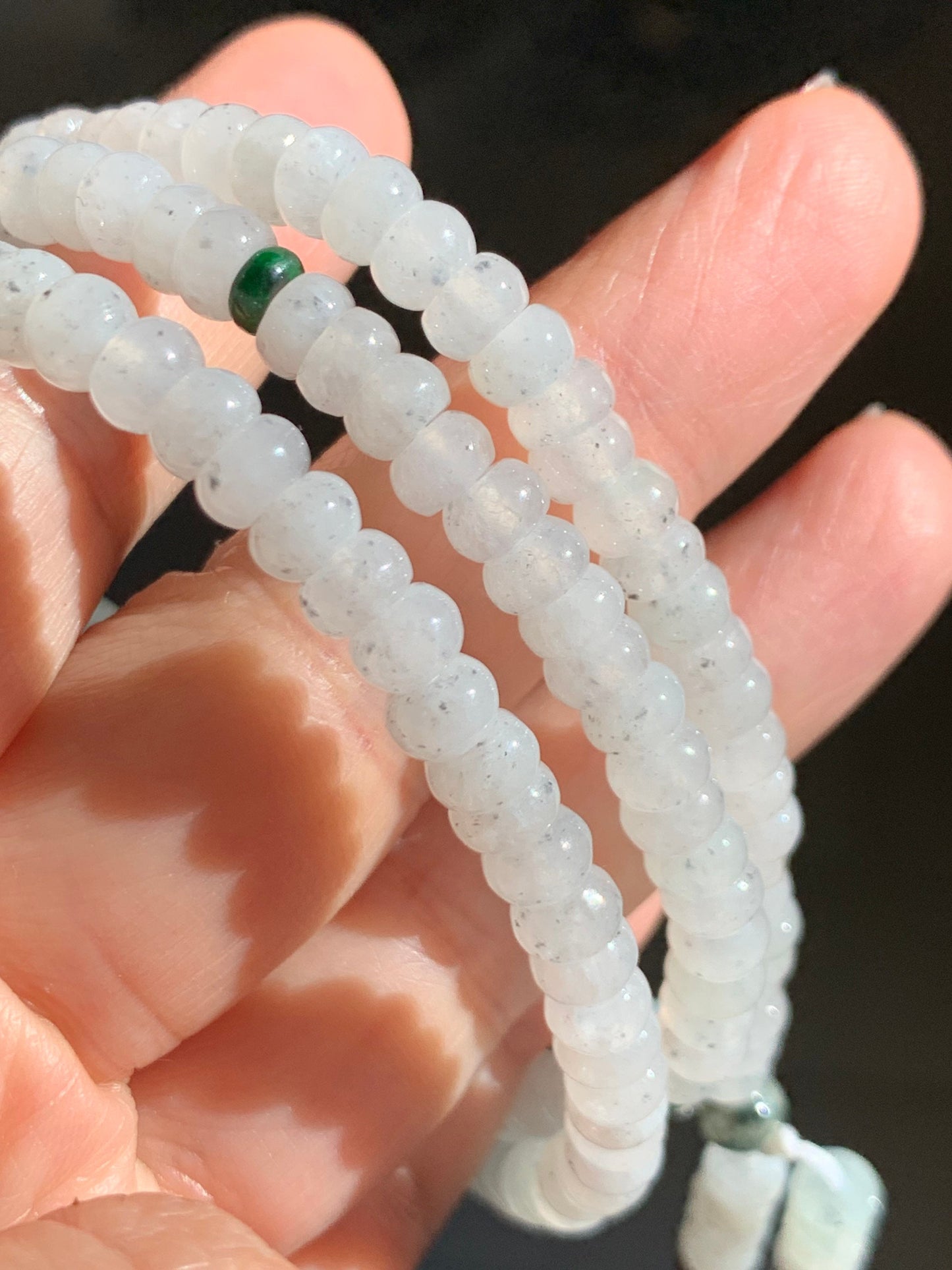 Natural Burmese Grade A Highly Translucent Gelatinous White Wuji Jadeite Flat Bead Beaded Necklace 24” 天然缅甸冰胶乌鸡翡翠算盘珠长链