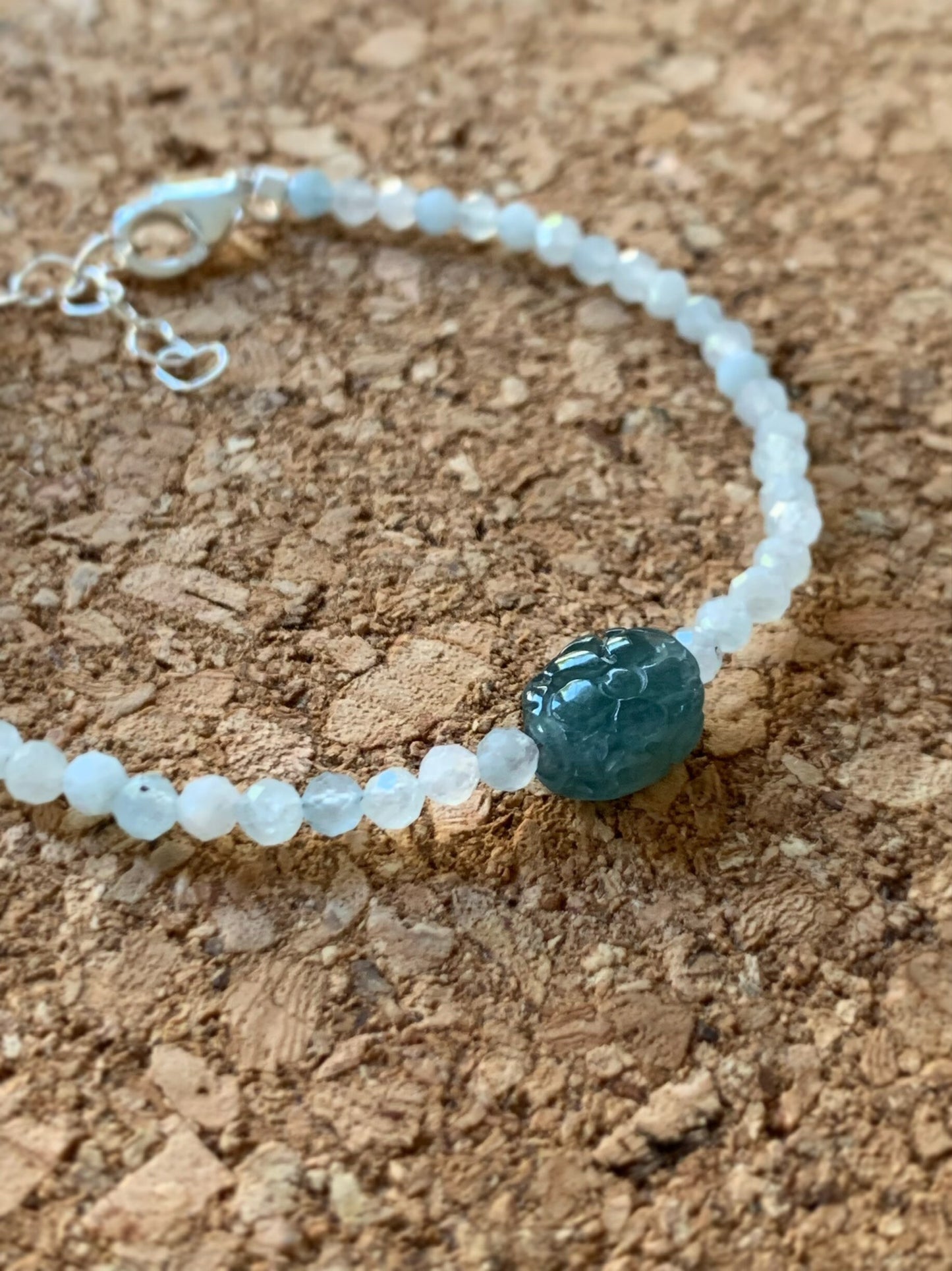 Natural Guatemalan Icy Blue Jadeite Engraved Bead Natural Faceted Aquamarine Beaded Bracelet Adjustable Sterling Silver 天然冰危蓝翡翠仿古雕珠海蓝宝珠手串
