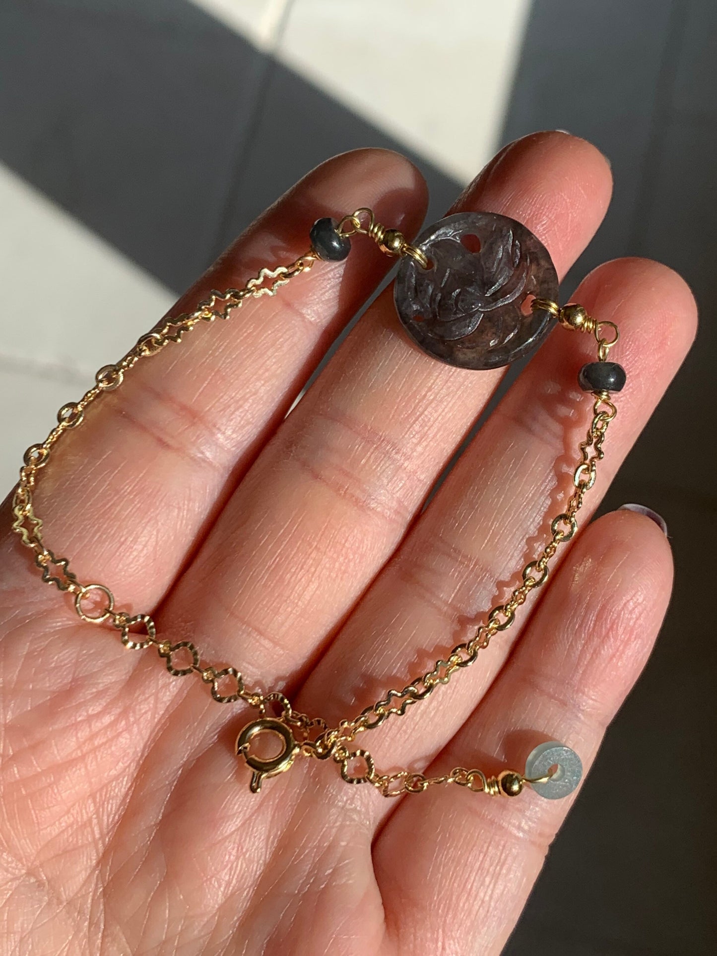 Natural Burmese Grade A Translucent Icy Wuji Jadeite Engraved w/ Lotus Flower Chain Bracelet Adjustable 14K Plated 天然缅甸冰乌鸡翡翠镂空雕莲花手链包金