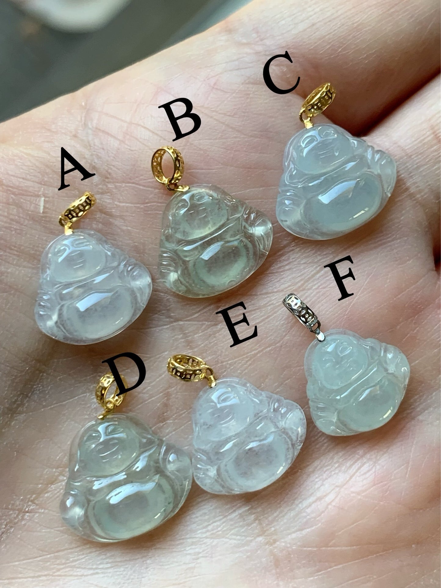 PETITE Natural Burmese Premium Highly Translucent Icy Jadeite Buddha Petite Pendant 18K Yellow or White Gold Bail 天然缅甸老种正冰起钢翡翠佛公镶嵌吊坠