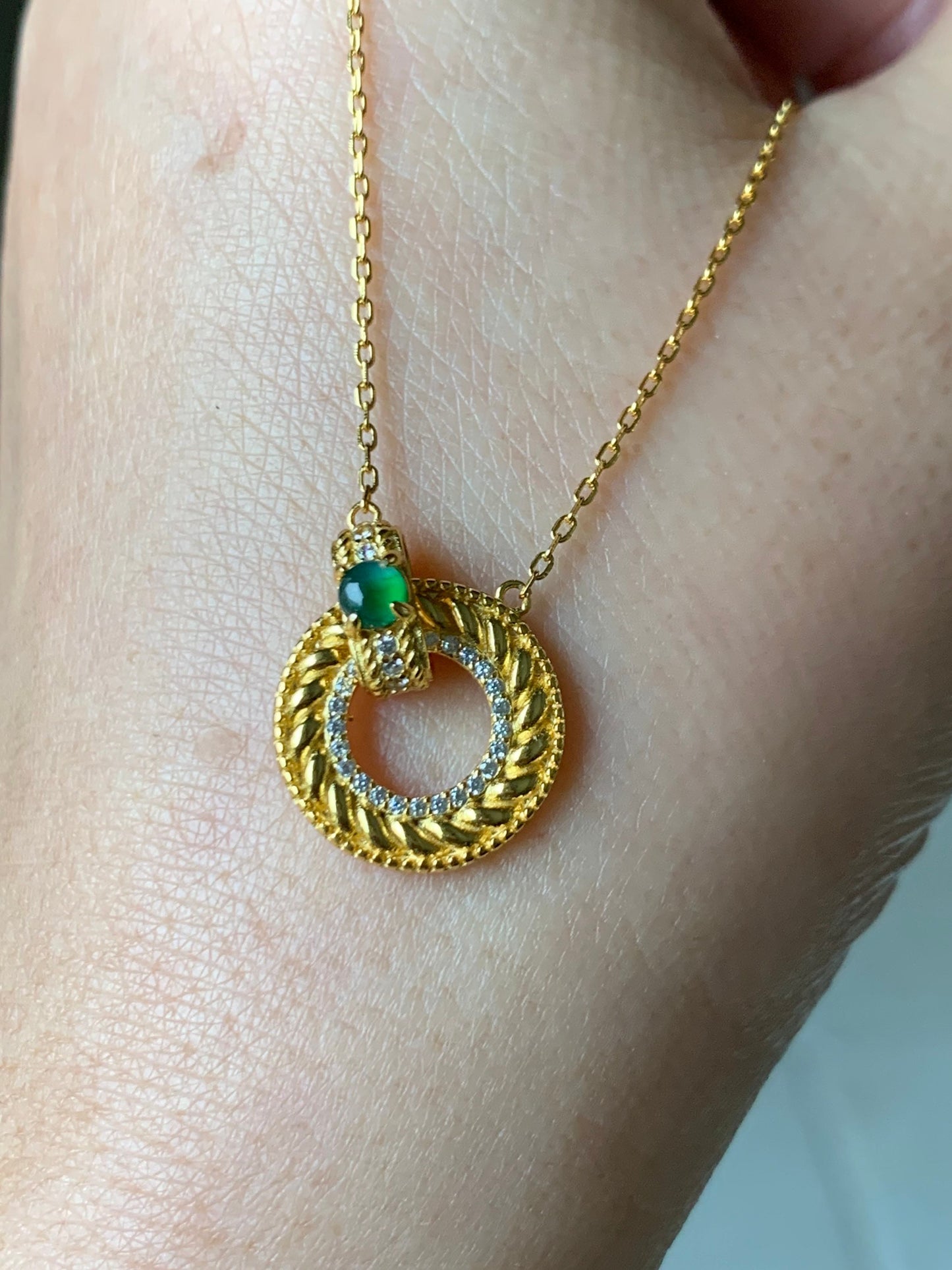Natural Guatemalan Premium Vibrant Green Jadeite Ping An Kou Pendant and Chain S925 Silver w/ Yellow Gold Finish 天然高冰危绿翡翠银镶平安扣吊坠套链