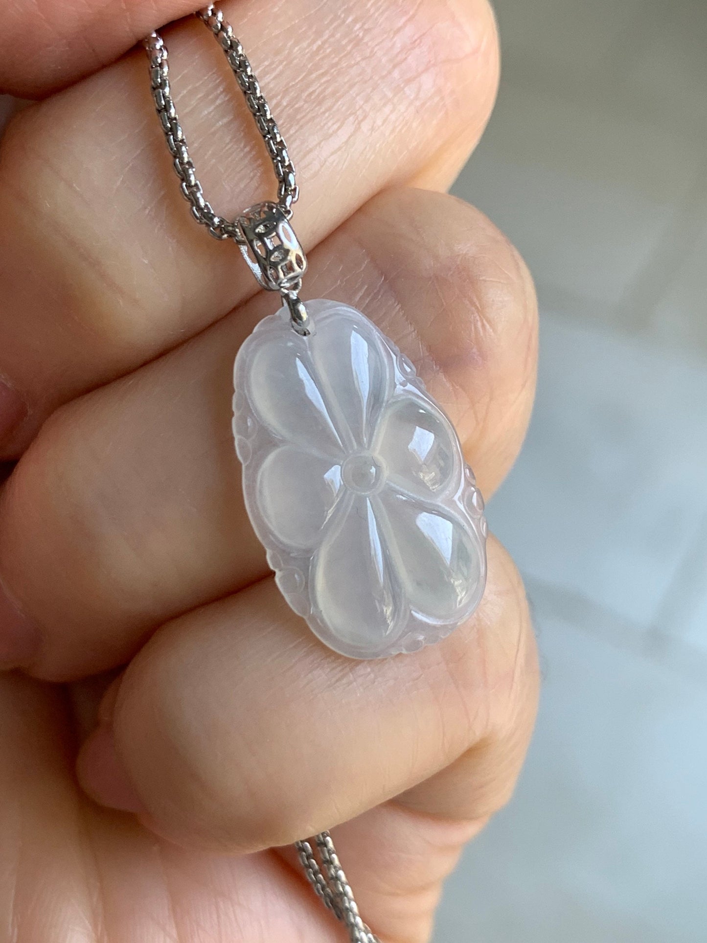 Natural Burmese Translucent Gelatinous Icy White Jadeite Carved Lotus Leaf Pendant 18K White Gold Bail 天然缅甸冰胶翡翠荷叶镶嵌吊坠