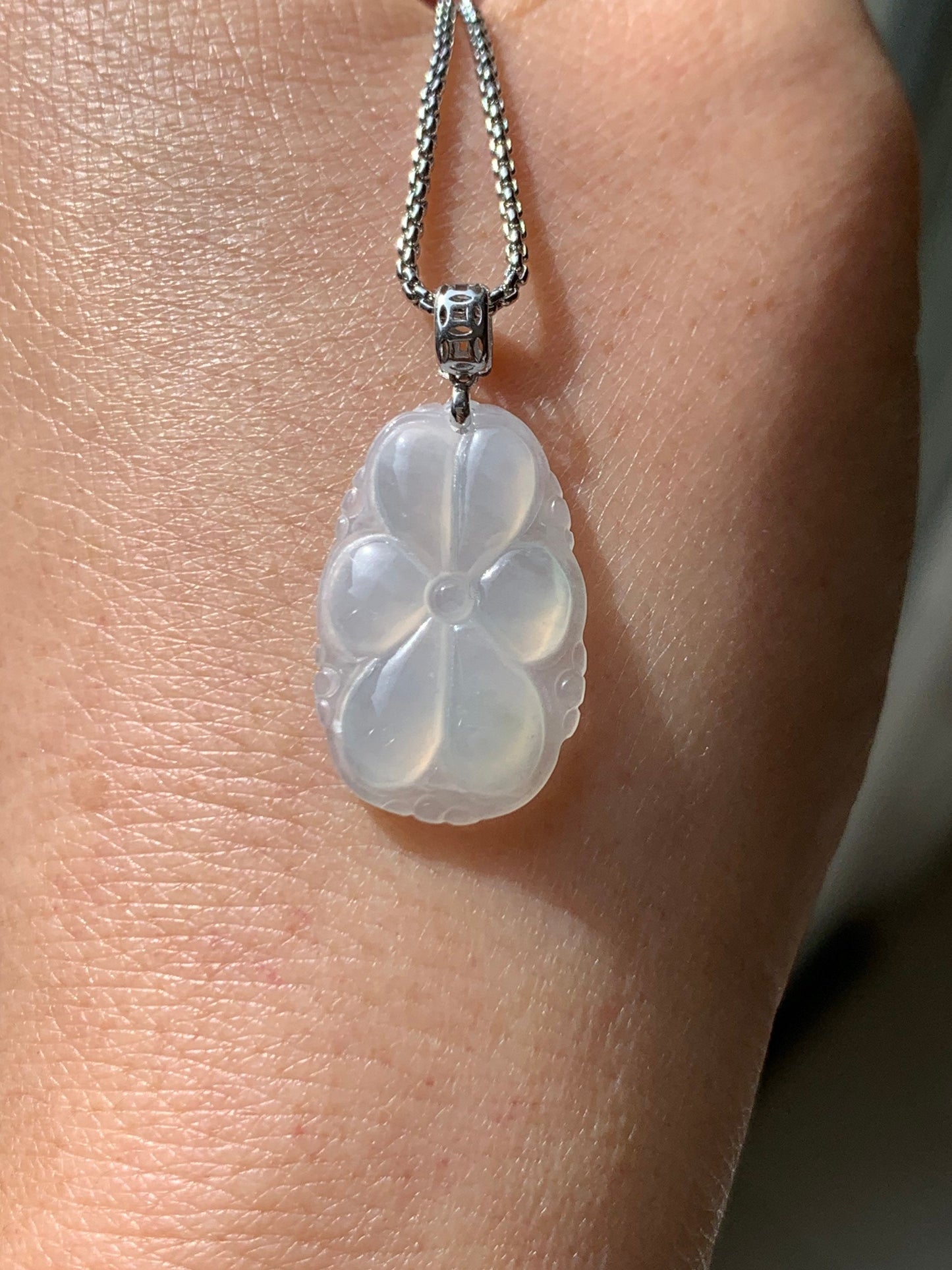 Natural Burmese Translucent Gelatinous Icy White Jadeite Carved Lotus Leaf Pendant 18K White Gold Bail 天然缅甸冰胶翡翠荷叶镶嵌吊坠
