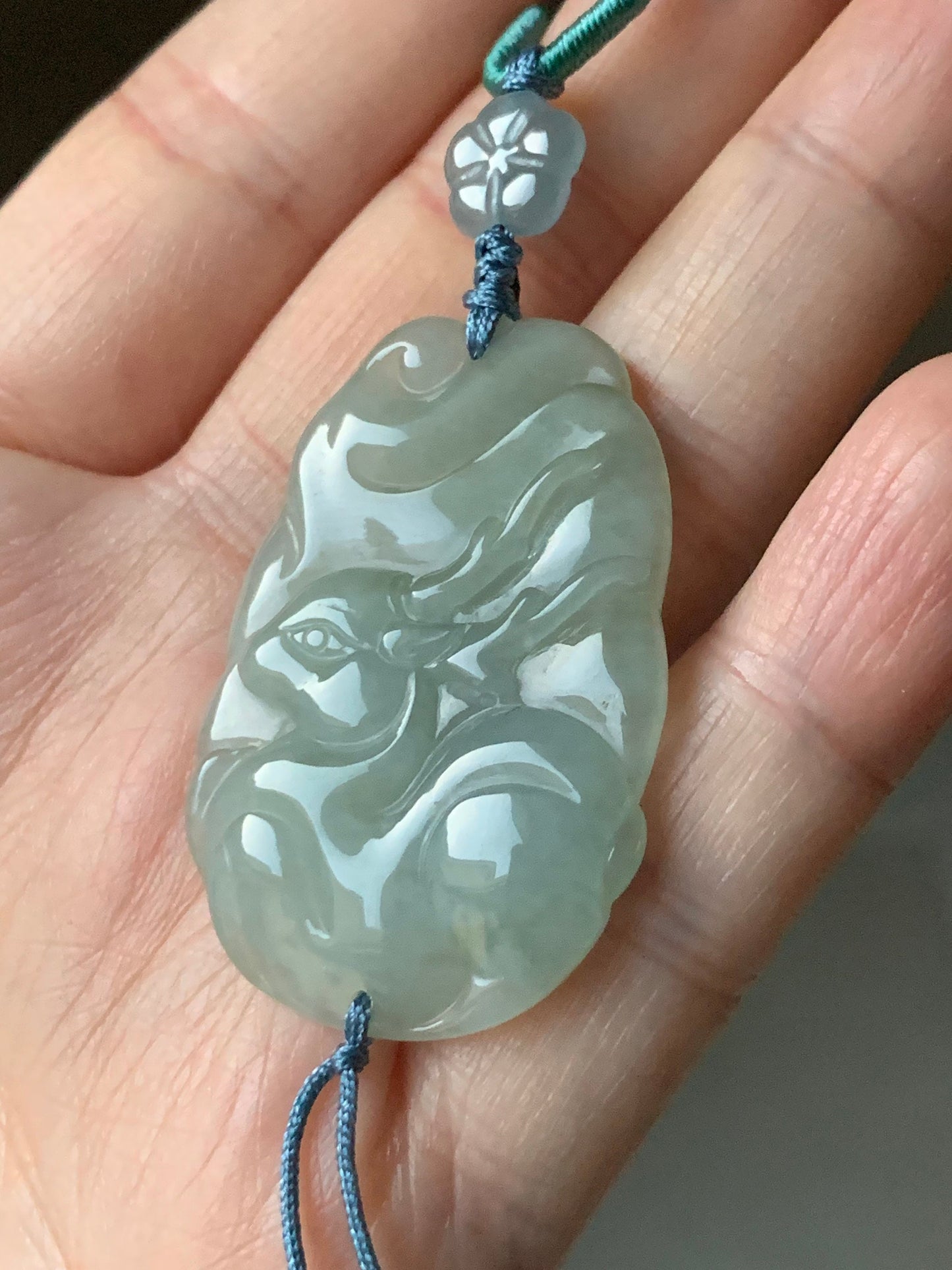 Natural Burmese Translucent Gelatinous Light Green Jadeite Carved Deer Pendant & Blue Jadeite Cherry Blossom Necklace 天然缅甸冰淡绿翡翠鹿牌危蓝梅花吊坠