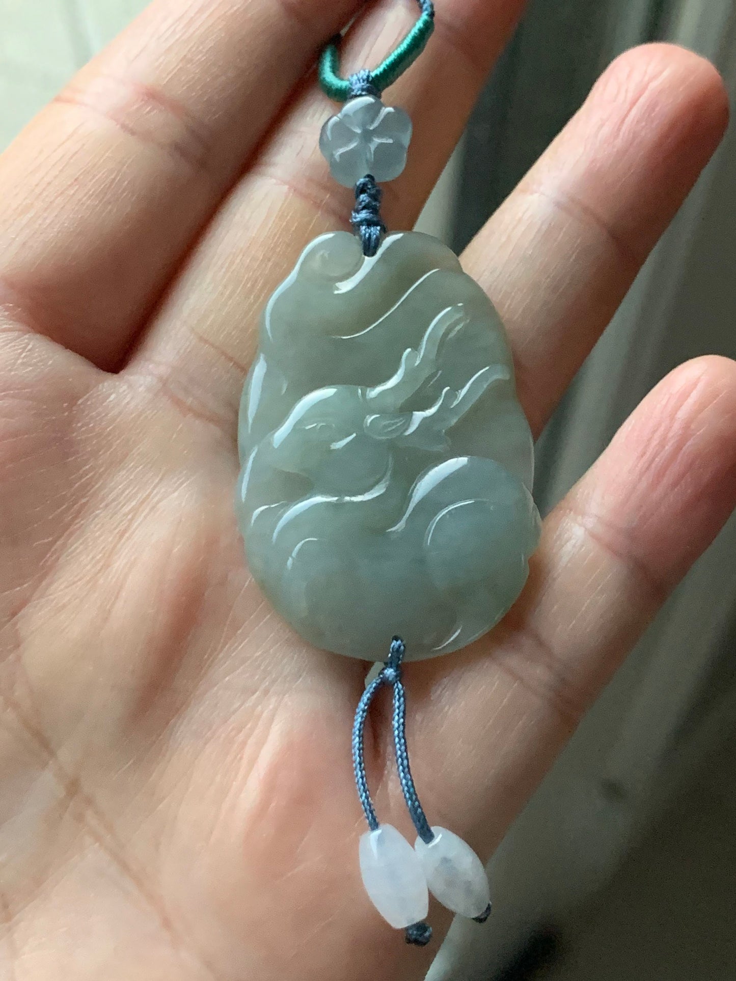Natural Burmese Translucent Gelatinous Light Green Jadeite Carved Deer Pendant & Blue Jadeite Cherry Blossom Necklace 天然缅甸冰淡绿翡翠鹿牌危蓝梅花吊坠