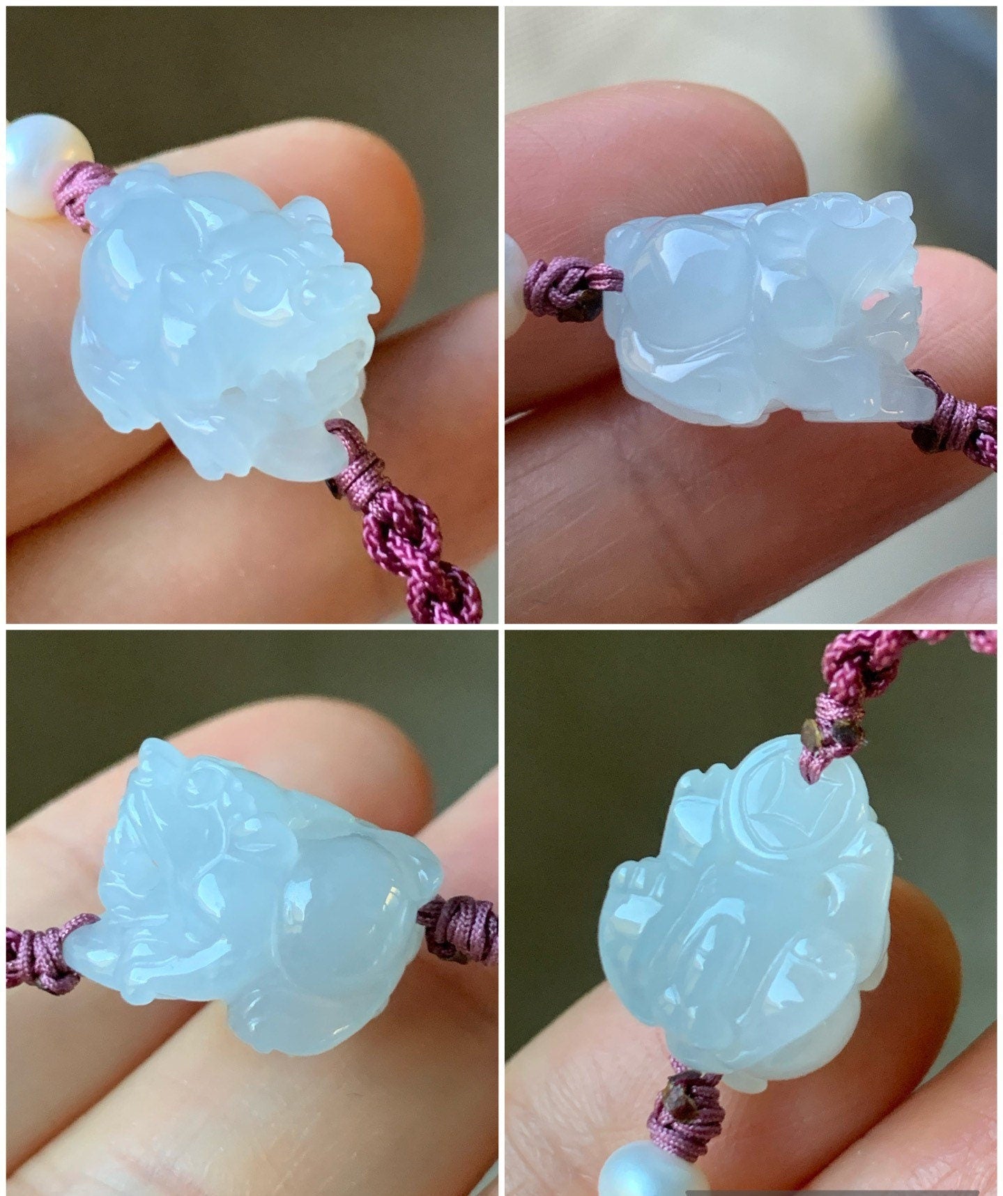 Natural Burmese Icy Translucent Gelatinous Pure White Jadeite Carved Pixiu Rope Bracelet w/ Freshwater Pearls Adjustable 天然缅甸冰胶白冰翡翠貔貅珍珠手绳