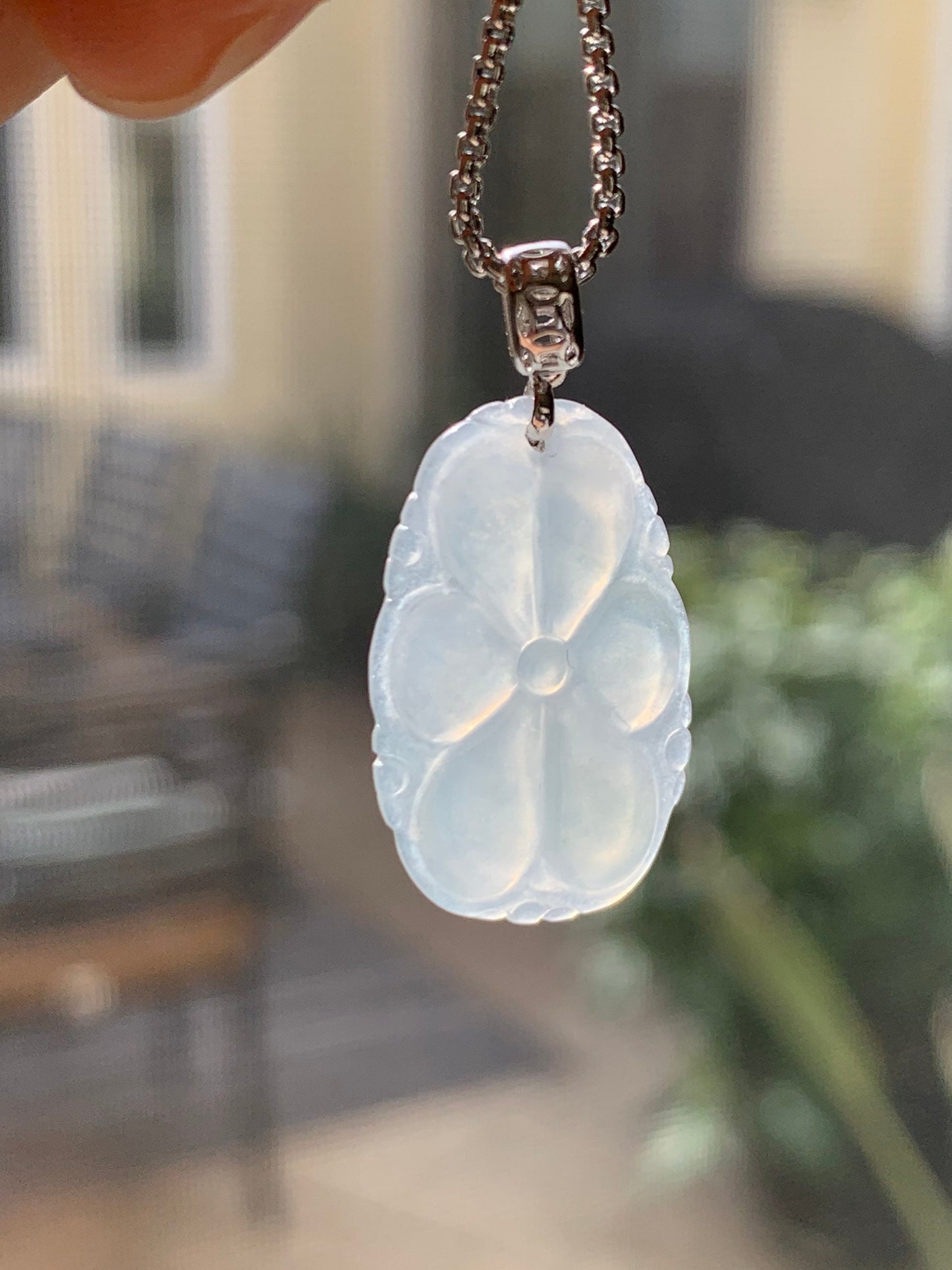 Natural Burmese Translucent Gelatinous Icy White Jadeite Carved Lotus Leaf Pendant 18K White Gold Bail 天然缅甸冰胶翡翠荷叶镶嵌吊坠