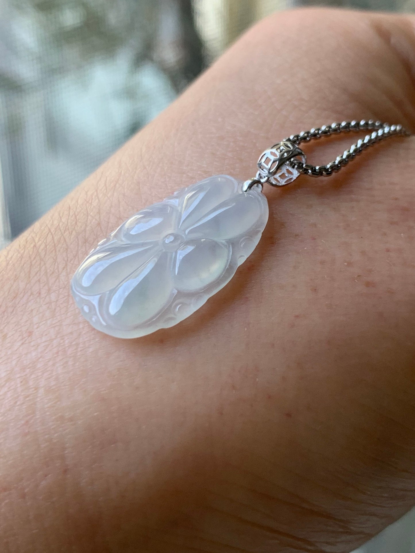 Natural Burmese Translucent Gelatinous Icy White Jadeite Carved Lotus Leaf Pendant 18K White Gold Bail 天然缅甸冰胶翡翠荷叶镶嵌吊坠