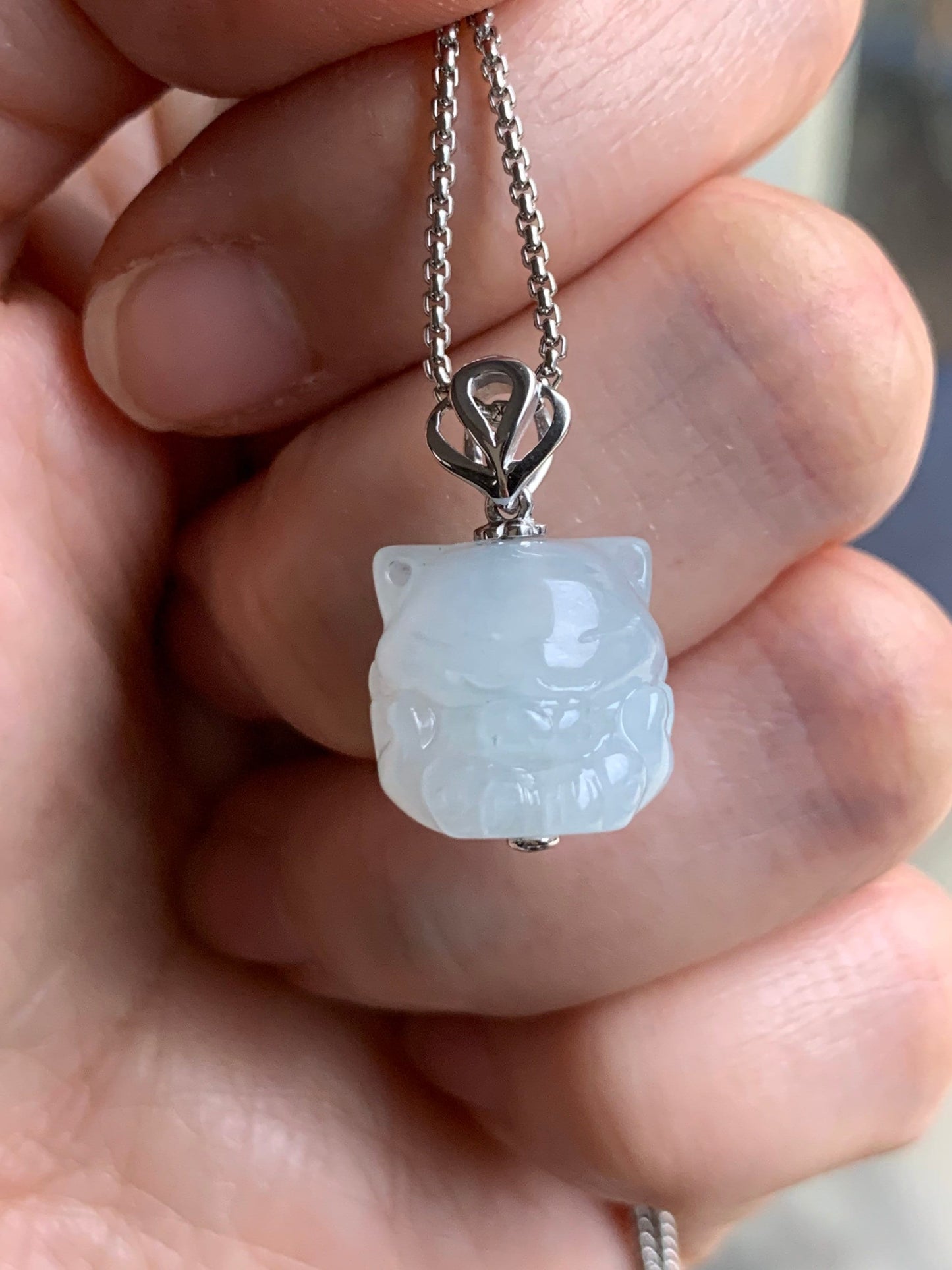 Certified Natural Burmese Icy Translucent & Gelatinous White Jadeite 3D Carved Nine-Tailed Fox Pendant 18K White Gold 天然缅甸白冰起胶翡翠九尾狐狸镶嵌吊坠 757