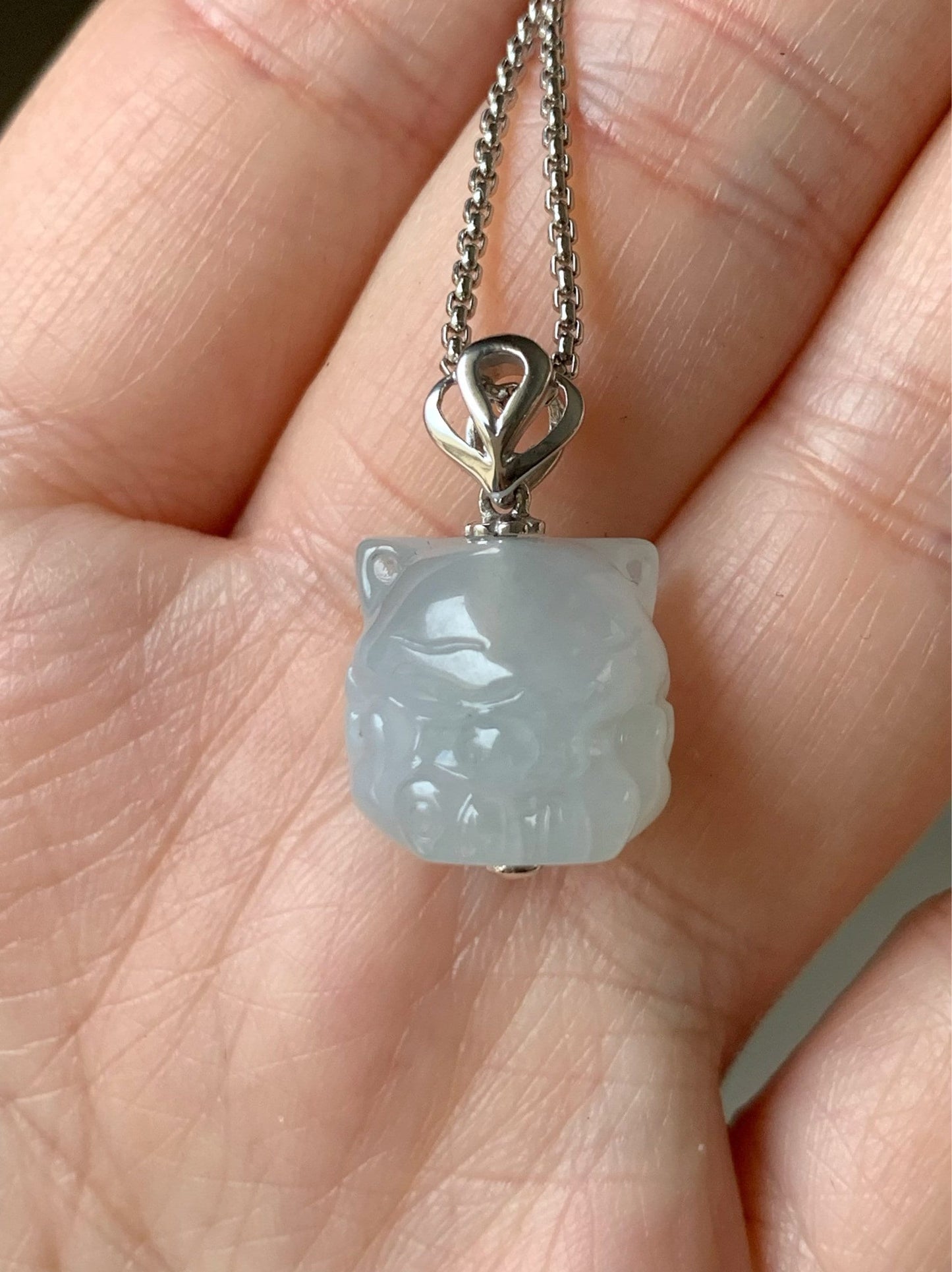 Certified Natural Burmese Icy Translucent & Gelatinous White Jadeite 3D Carved Nine-Tailed Fox Pendant 18K White Gold 天然缅甸白冰起胶翡翠九尾狐狸镶嵌吊坠 757