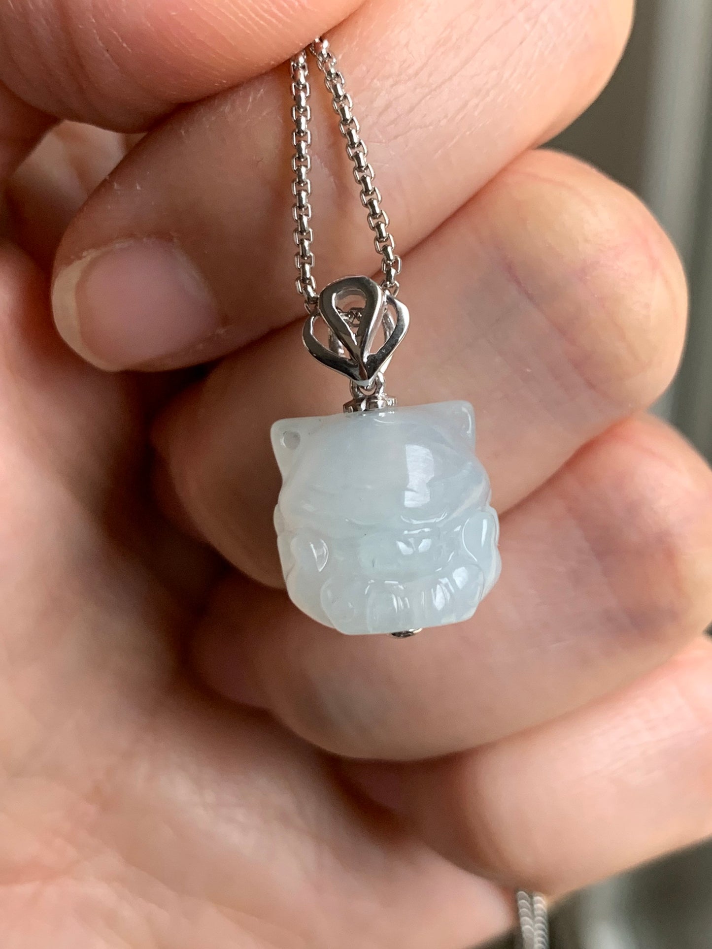 Certified Natural Burmese Icy Translucent & Gelatinous White Jadeite 3D Carved Nine-Tailed Fox Pendant 18K White Gold 天然缅甸白冰起胶翡翠九尾狐狸镶嵌吊坠 757