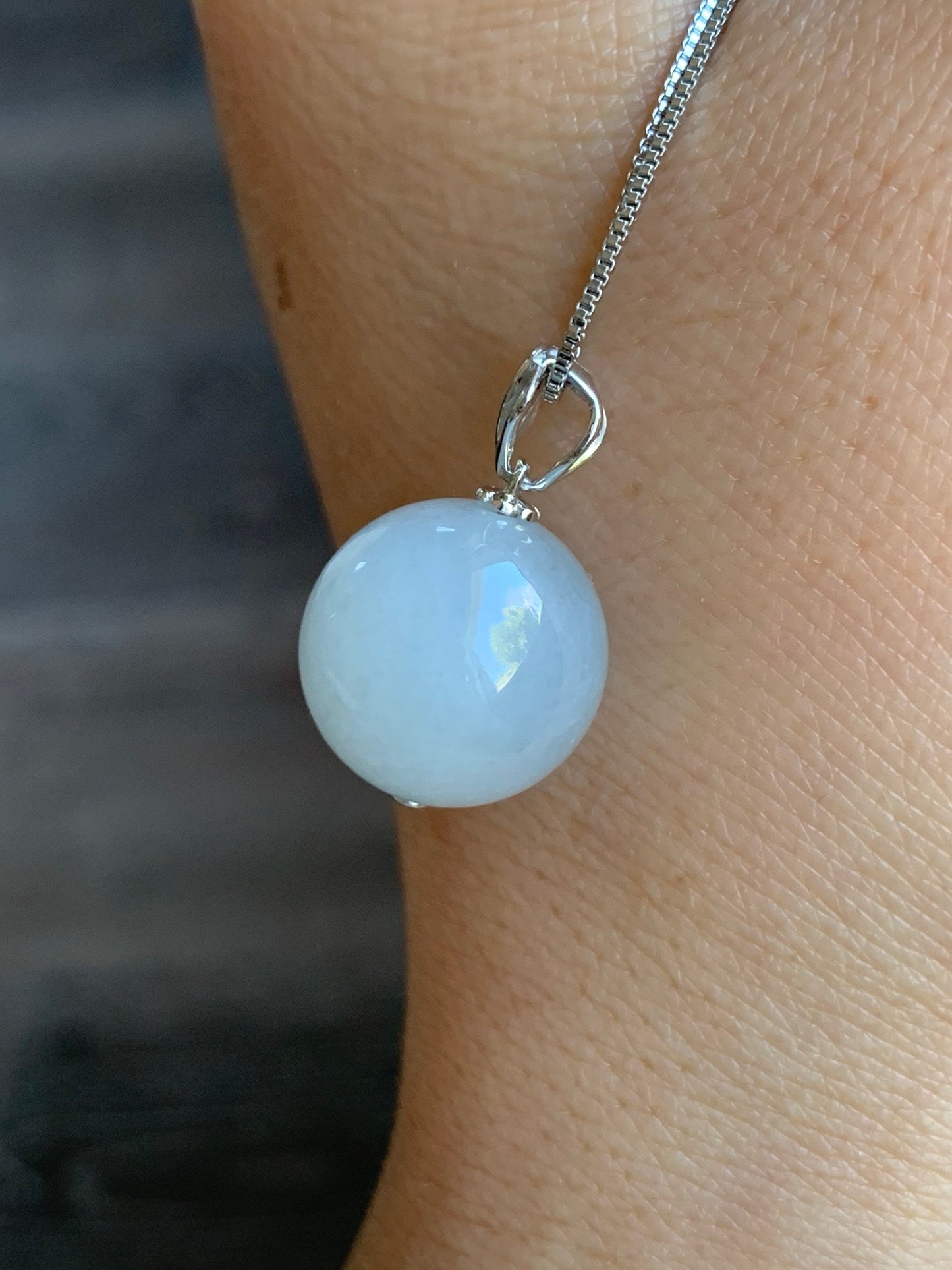 Large Certified Natural Burmese Grade A Icy Translucent Gelatinous Jadeite Sphere Bead Pendant 18K White Gold 天然缅甸糯冰起胶翡翠单珠镶嵌吊坠