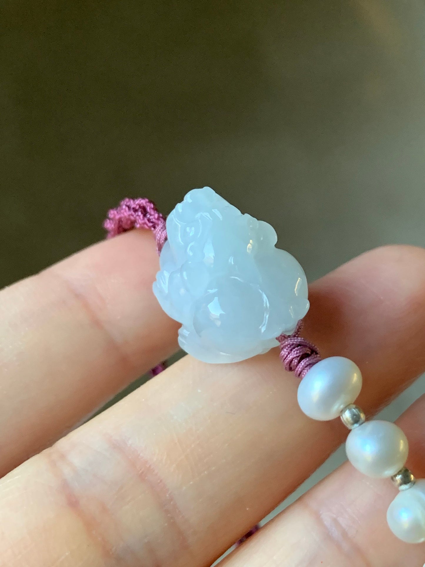 Natural Burmese Icy Translucent Gelatinous Pure White Jadeite Carved Pixiu Rope Bracelet w/ Freshwater Pearls Adjustable 天然缅甸冰胶白冰翡翠貔貅珍珠手绳