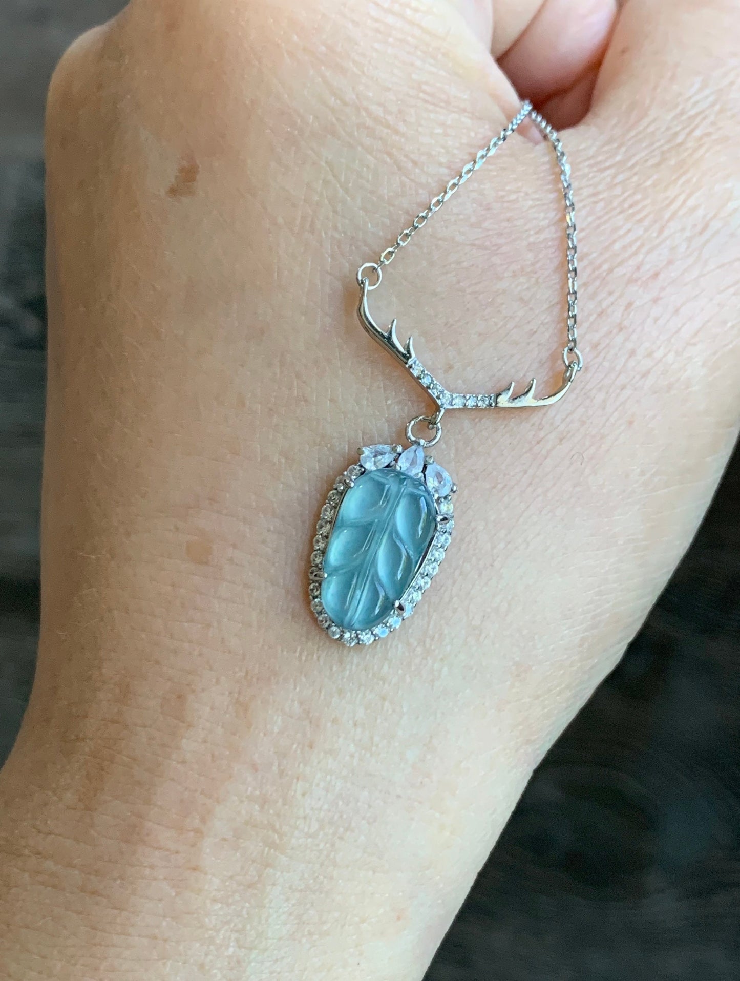 Natural Guatemalan Highly Translucent Sky Blue/Light Blue Jadeite Carved Leaf Antler Design Necklace S925 Silver 16” 天然冰危天空蓝翡翠大叶有成银镶项链