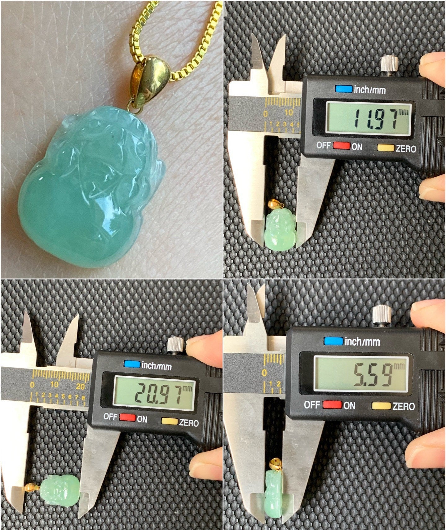 PETITE Natural Burmese Icy Translucent Green Jadeite Carved Pixiu Pendant 18K Yellow Gold Bail 天然缅甸冰绿翡翠貔貅吊坠