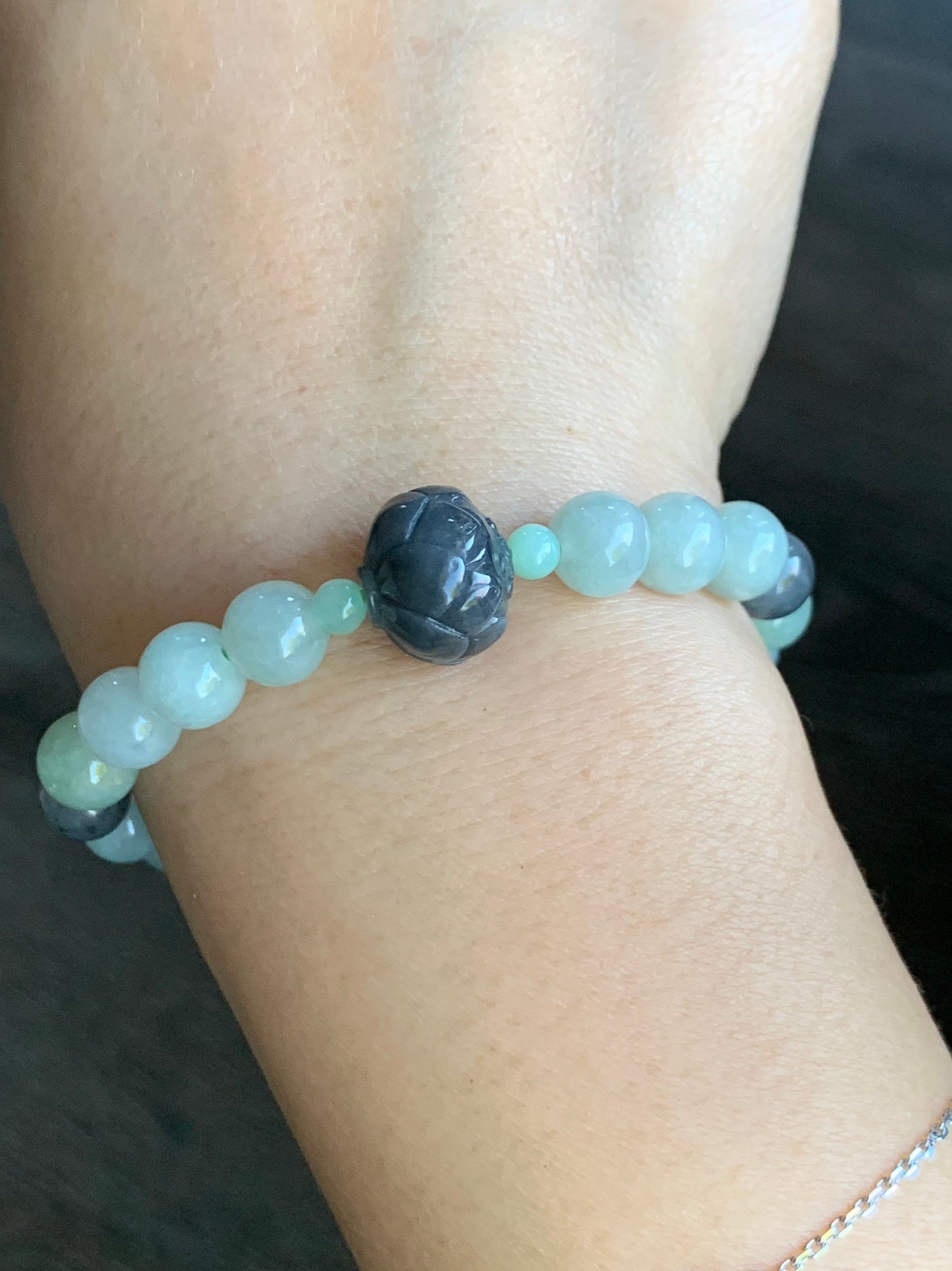 Burmese Natural Translucent Light Green & Icy Wuji Jadeite Beads Carved Wuji Jadeite Lotus Flower Beaded Bracelet 6.25” 天然缅甸淡晴底冰乌鸡翡翠莲花珠手串