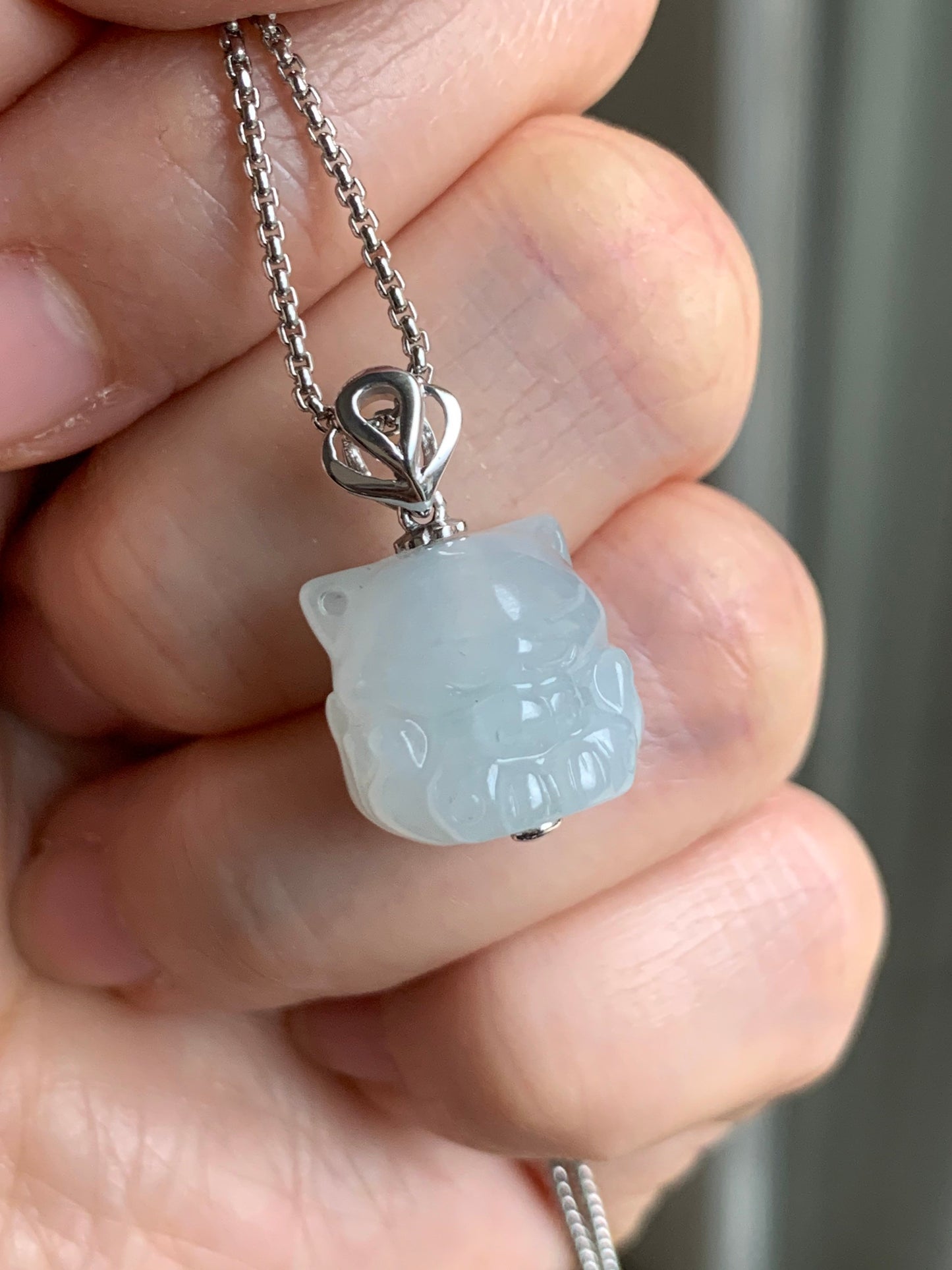 Certified Natural Burmese Icy Translucent & Gelatinous White Jadeite 3D Carved Nine-Tailed Fox Pendant 18K White Gold 天然缅甸白冰起胶翡翠九尾狐狸镶嵌吊坠 757